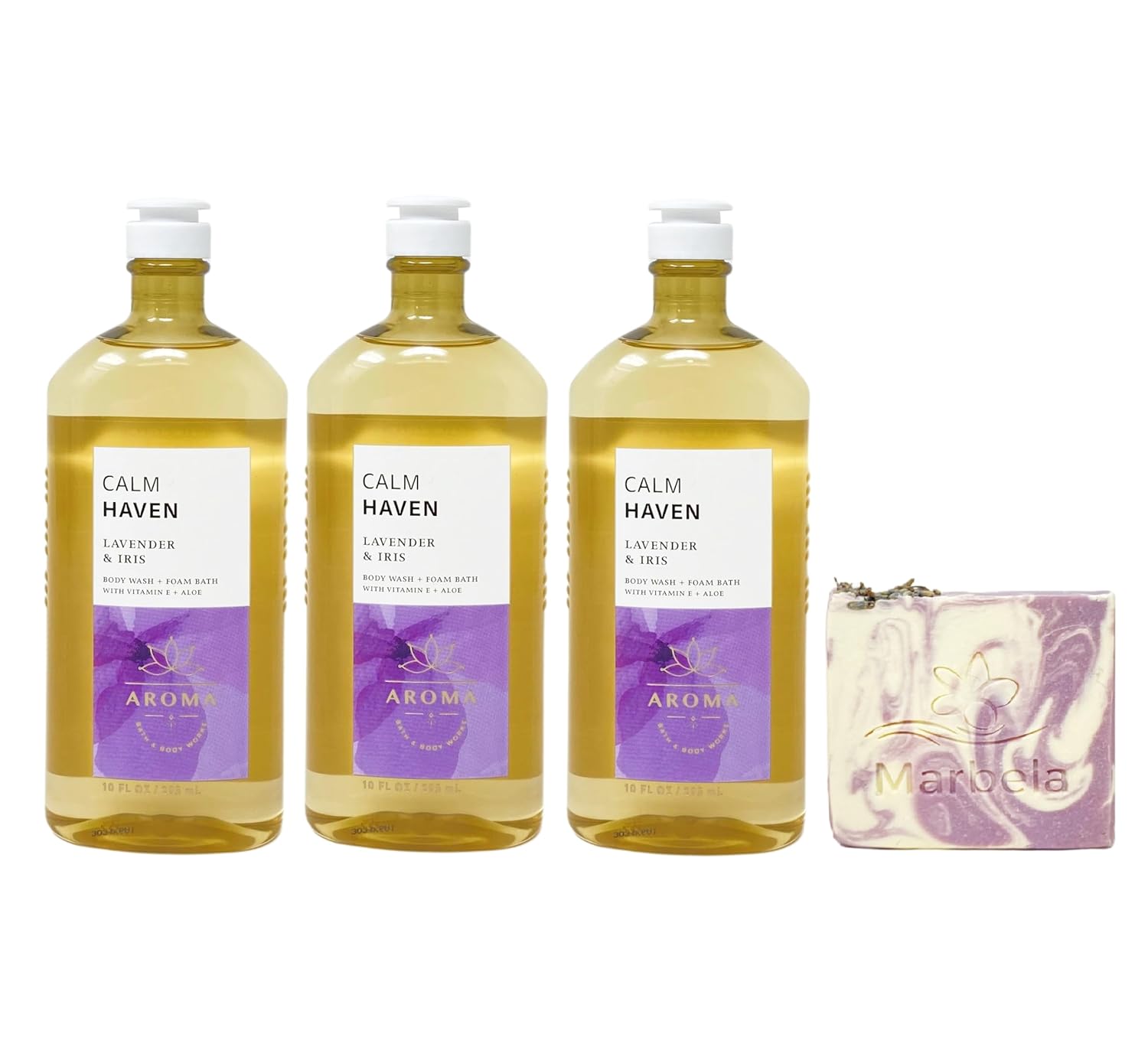 Bath & Body Works Calm Haven LAVENDER & IRIS 3 Pack Body Wash + Foam Bath Bundle with a Lavender Dream Soap - Full Size