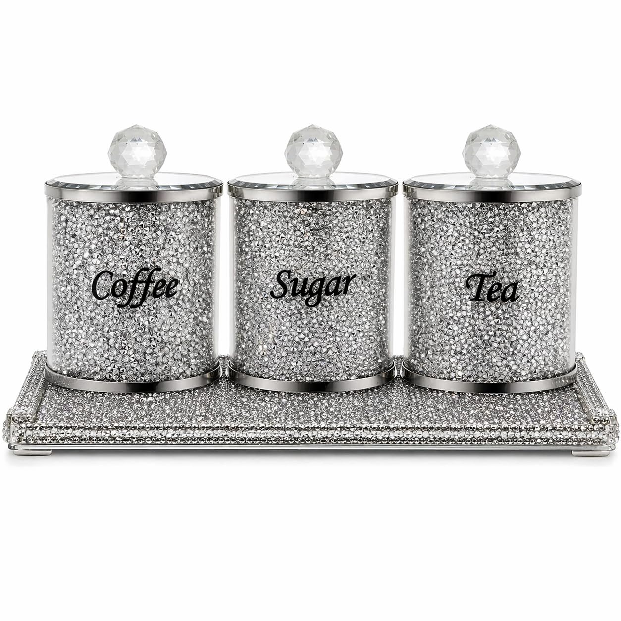 Segoy Silver 3 Pack Decorative Coffee Tea Sugar Canisters With Crushed Crystal Diamonds, Glass Food Storage Containers, Bling Kitchen Jar For Countertop Decor,