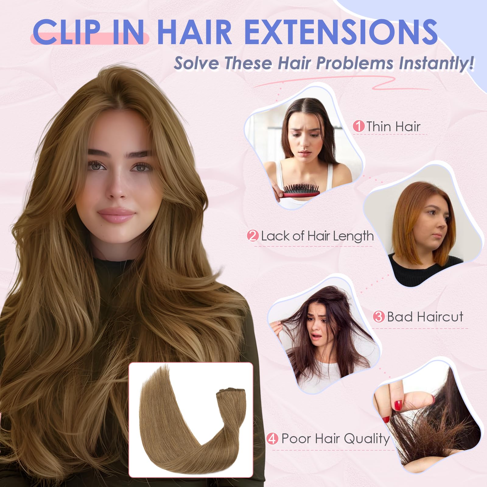 Elailite Clip in Hair Extensions Real Human Hair Remy - 8 Pcs Invisible Thin Weft - #06 Light Brown - 18 Inch 70G - Image 2