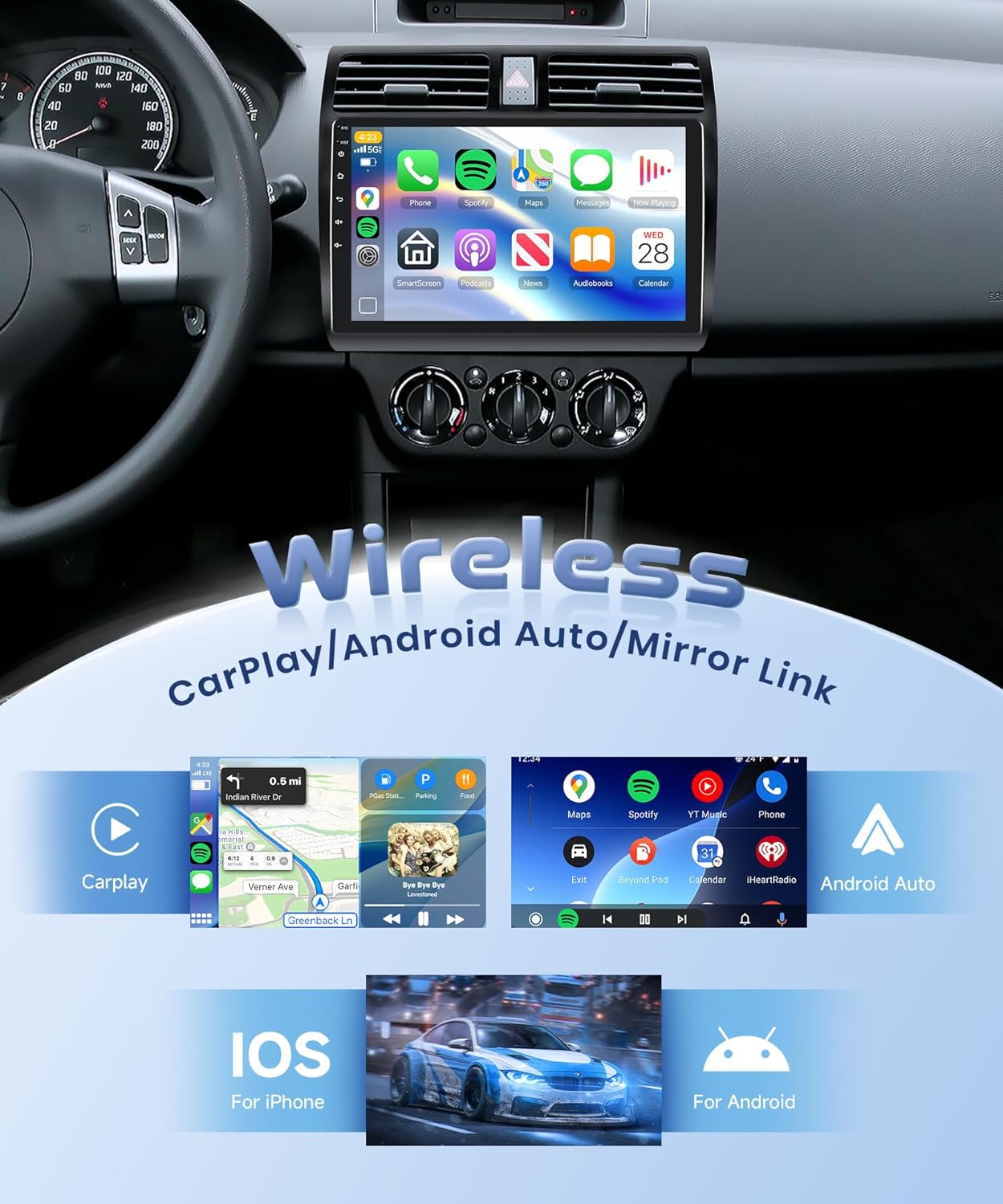 8Core Qualcomm Snapdragon Android Car Stereo for Suzuki Swift 2005-2010, 10" Touchscreen, Wireless CarPlay Android Auto, 4G+64G, 5G WiFi GPS, B, SWC AHD Backup Camera