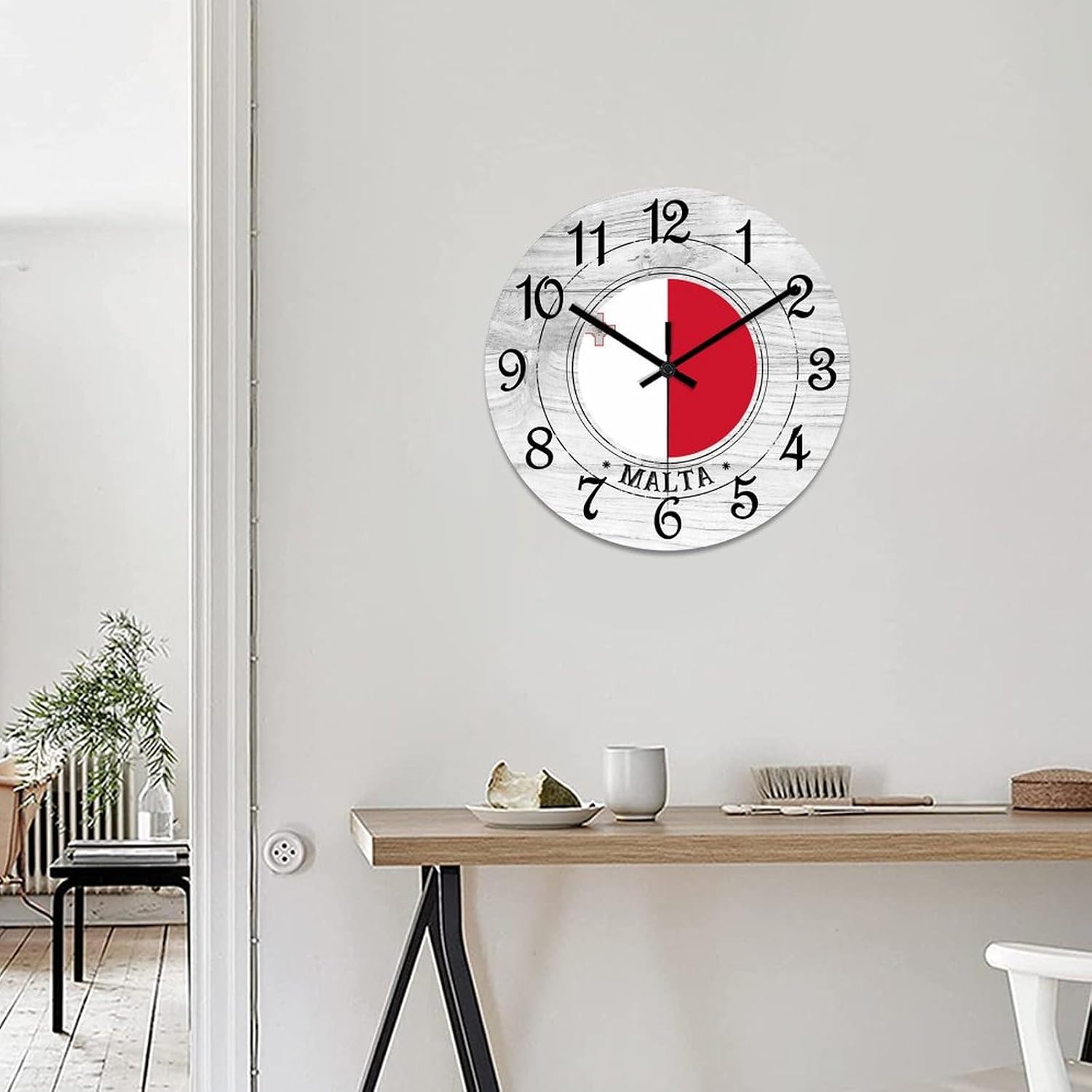 Malta Flag Wooden Wall Clock Malta Hanging Wall Clock Battery Operated Non-Ticking Sweep 15 Inch Rustic Chic Farmhouse Wall Clock for Wall Laundry