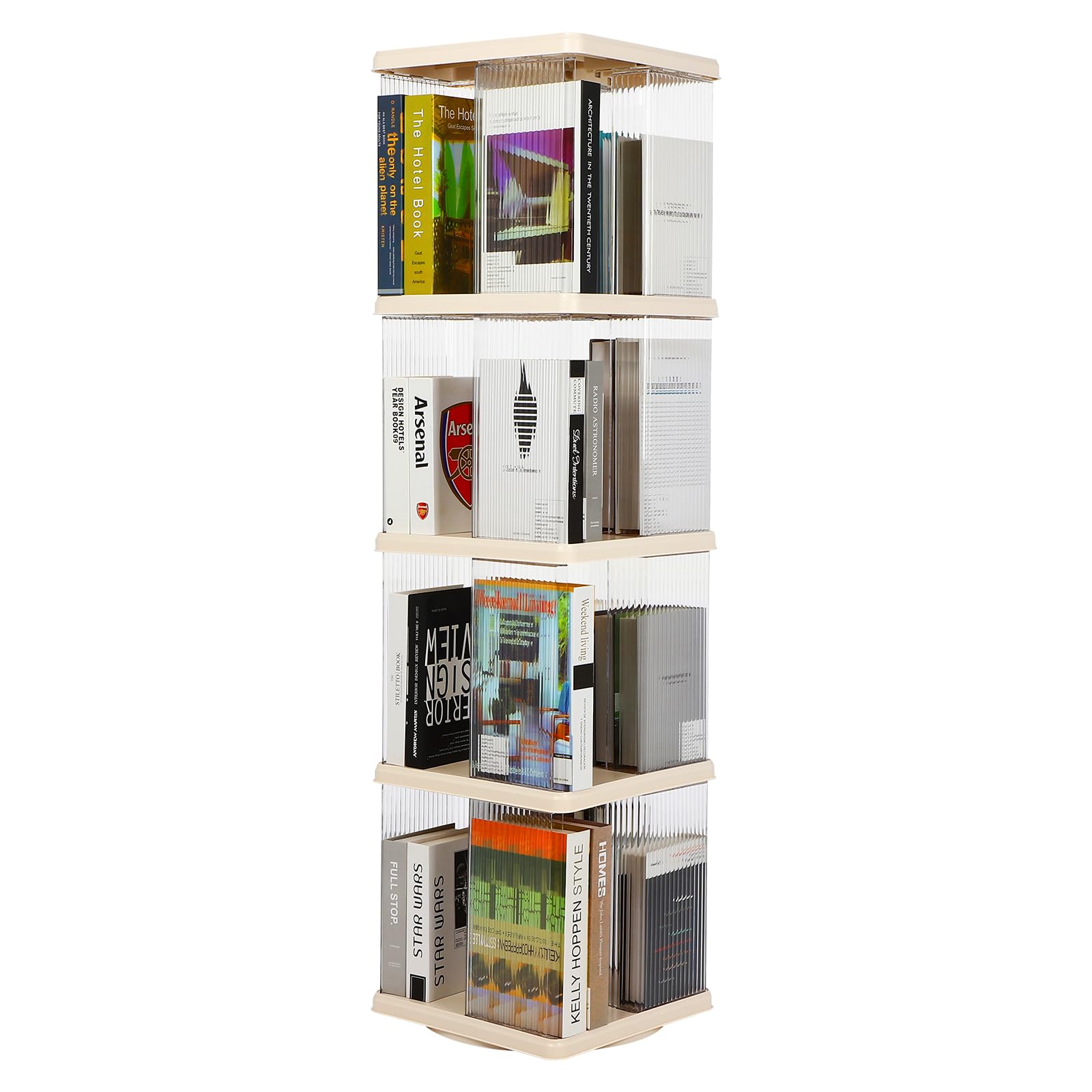 FAHKNS 4 Tier Rotating Bookshelf,360°Display Floor Standing Bookcase,Book Shelf for Small Space Revolving Bookcase for Office Bedroom Living Room,Rectangular