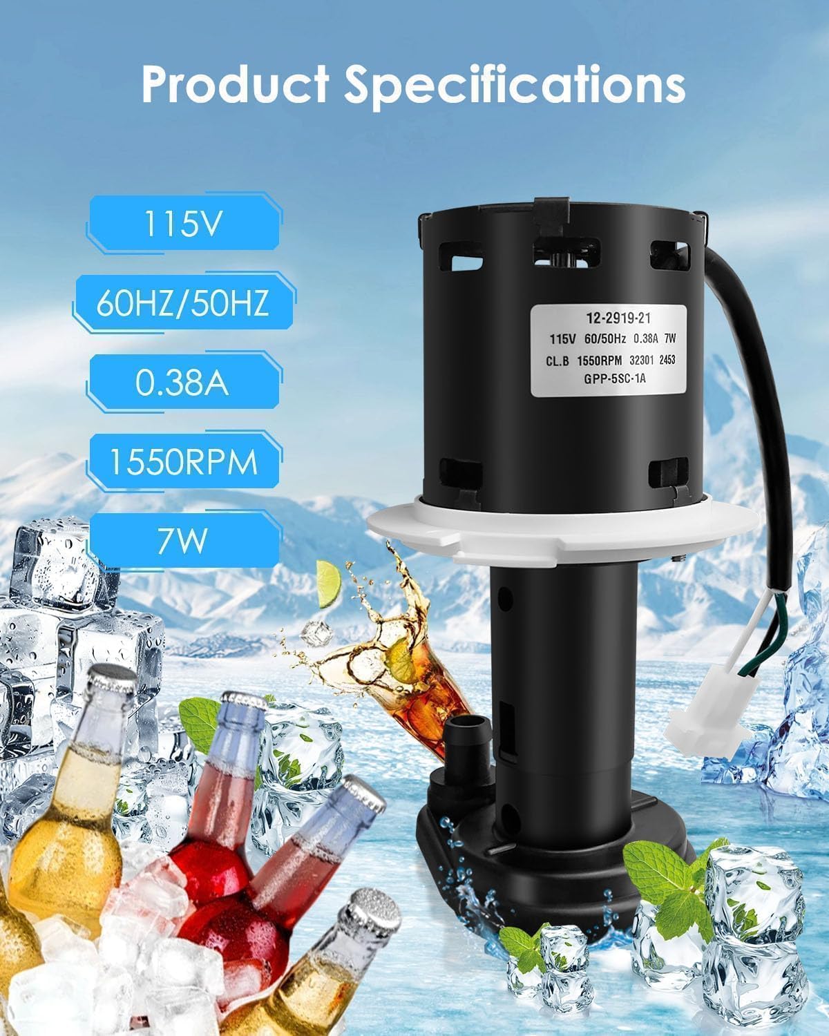 12-2919-21 Water Pump Compatible with Scotsman Ice Machine C0322MA-1 C0322MW-1 C0322SA-1 C0322SW-1 C0330MA-1 C0330MW-1 C0330SA-1 C0330SW-1, Ice Maker Water Pump Replace SZ12-2919-21