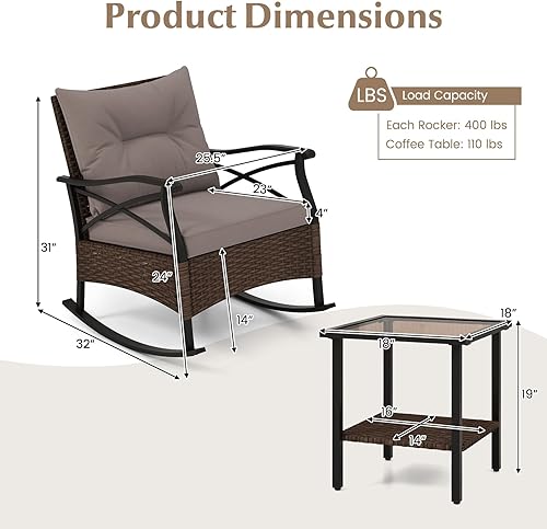 Miniatura 9 de Tangkula Juego de 3 sillas mecedoras para exteriores, sillas mecedoras acolchadas de ratán resistente con mesa de centro de vidrio templado de 2