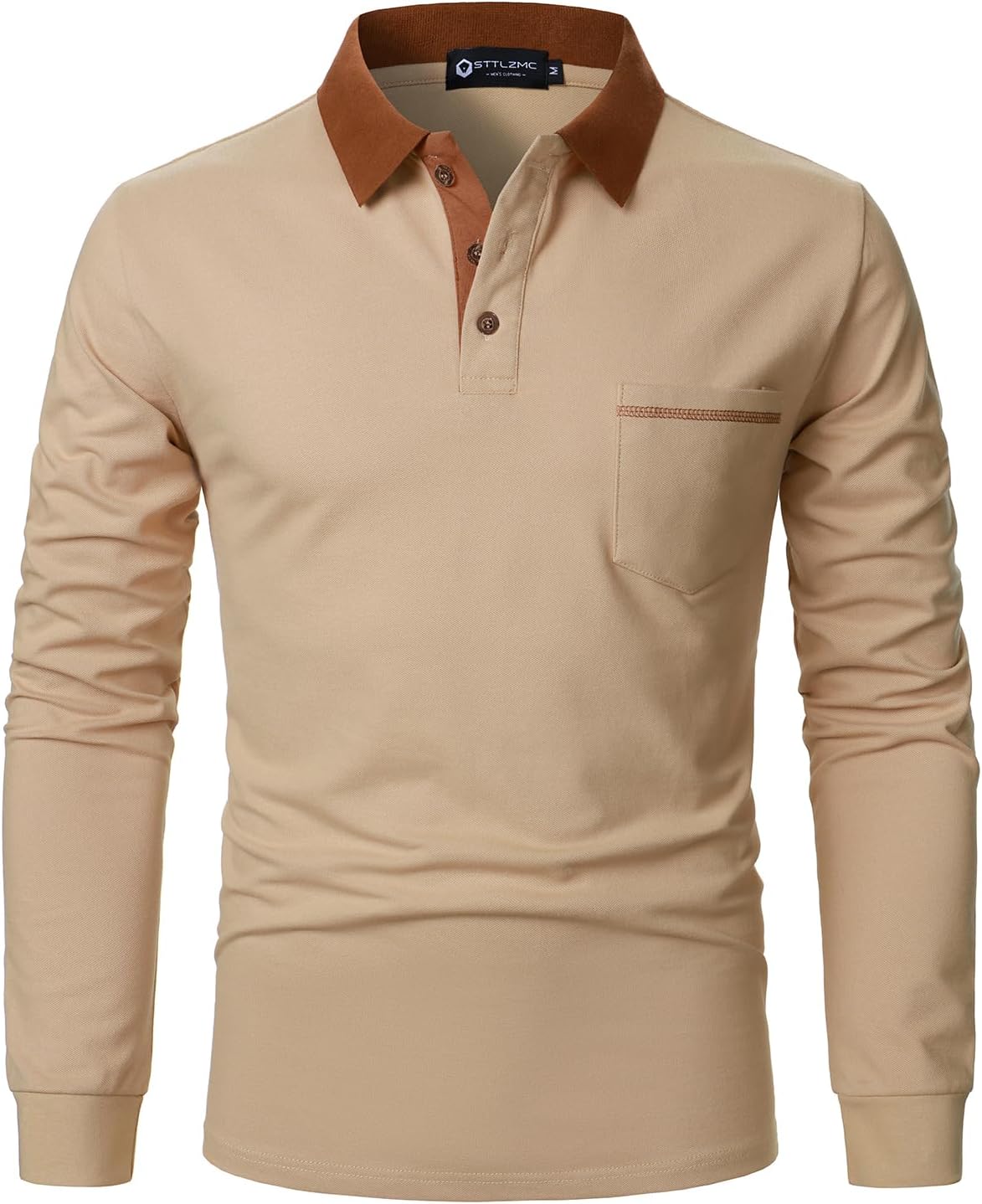 STTLZMC Polo Shirt for Men Long Sleeve Casual Basic Classic Golf Sport Cotton T-Shirt with Pocket