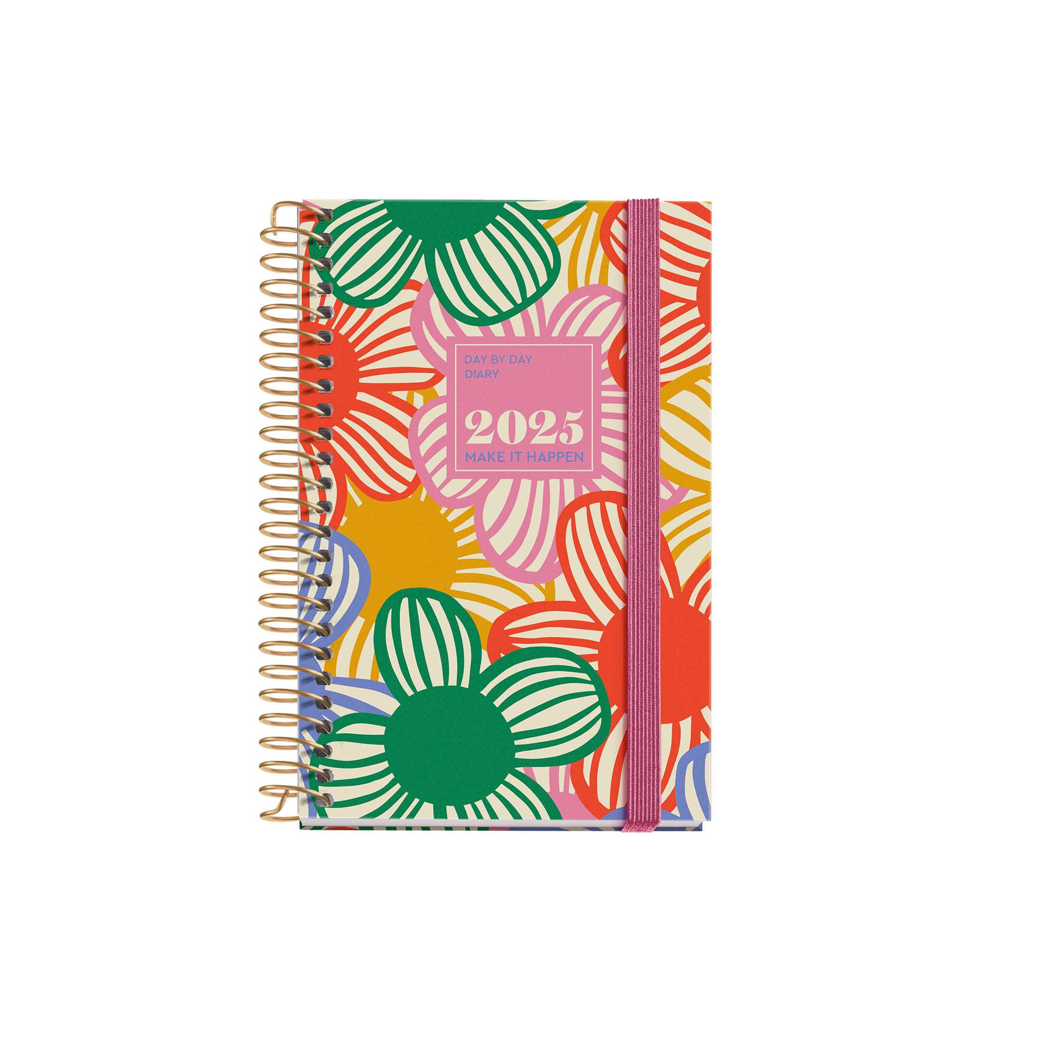 Miquelrius - Agenda 2025, Agenda anual 80x120 mm, Agenda día página, Cubierta cartón forrado plastificado, Espiral, Cierre goma elástica, Papel 80 g/m², Catalán, Inglés y Portugués, Flowery