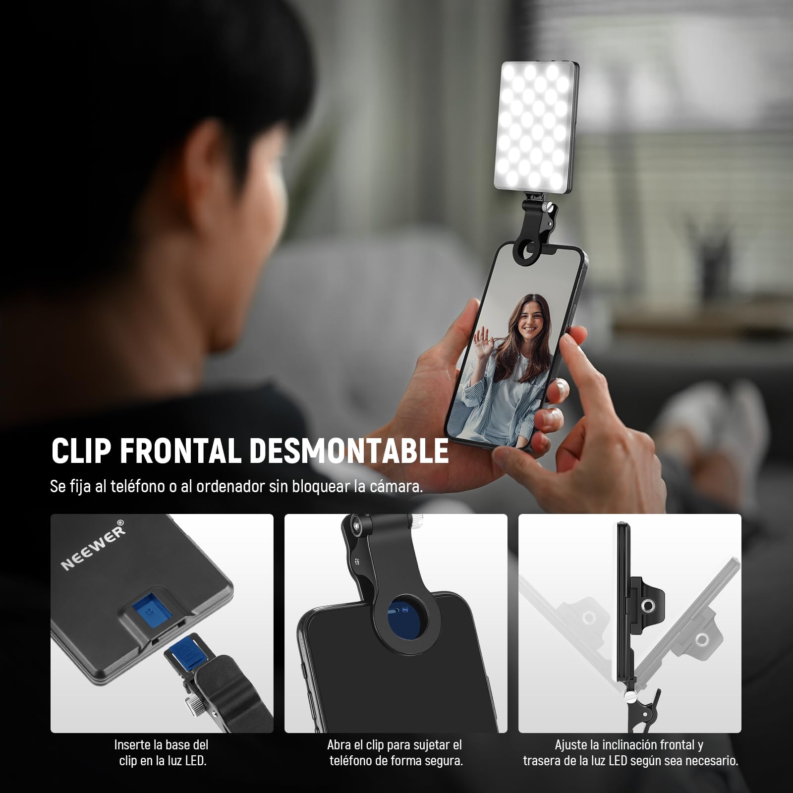 NEEWER BÁSICO Clip on Luz LED Selfies Compatible con iPhone, Recargable 2000mAh, con Soporte Teléfono Paño Limpieza, Luz Relleno para Webcam Laptop Zoom Videoconferencia Grabación Maquillaje, NL-60AI