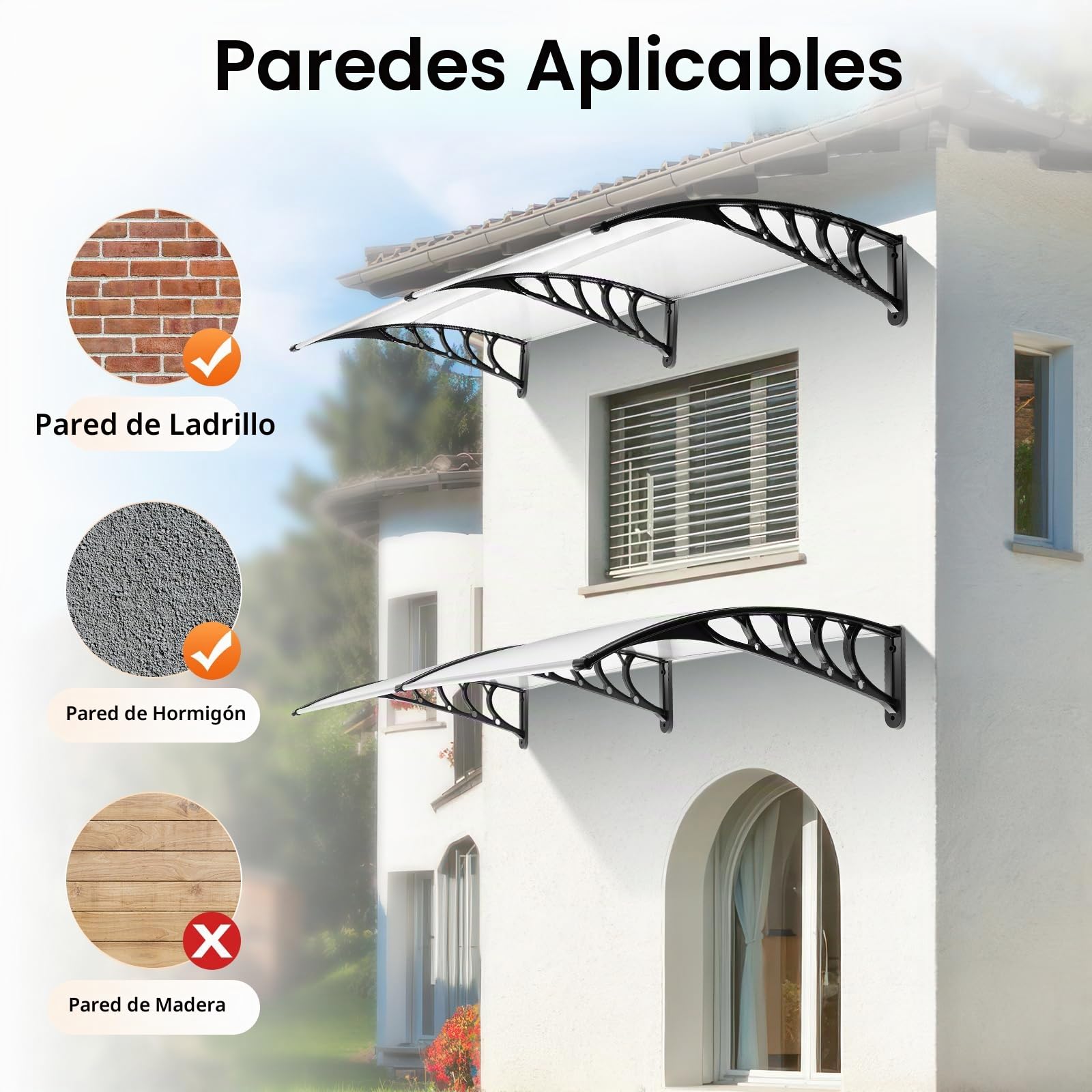 Marquesina para puerta de casa, 200 x 90 cm, de aluminio y policarbonato, toldo transparente para puerta de casa, toldo para puerta, ventana, porche, color gris