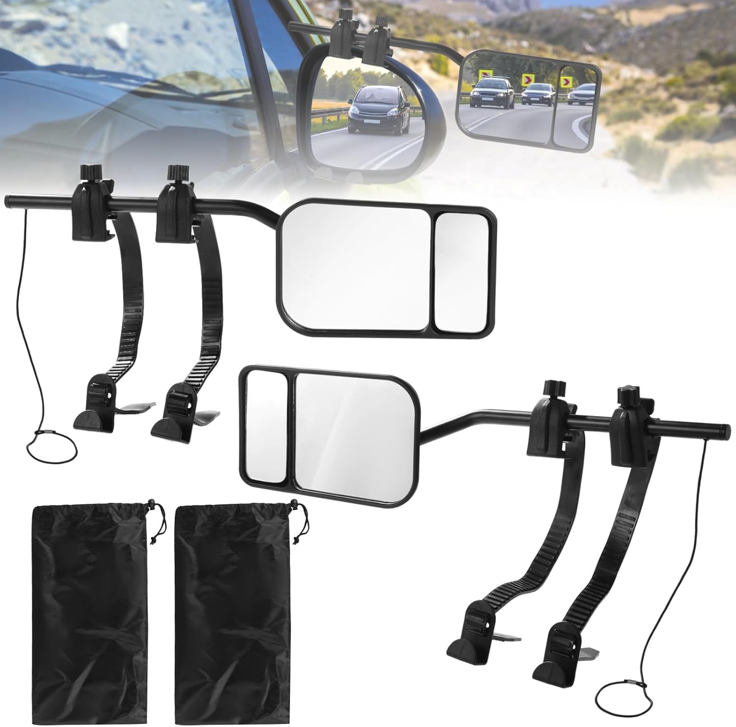 Clip on Towing Mirror Extenders for Towing, Left & Right Extended Mirrors for Trucks Cars RVs, Adjustable Side & Rearview Trailer Mirrors, Rubber Straps and Storage Bags for Safe Driving