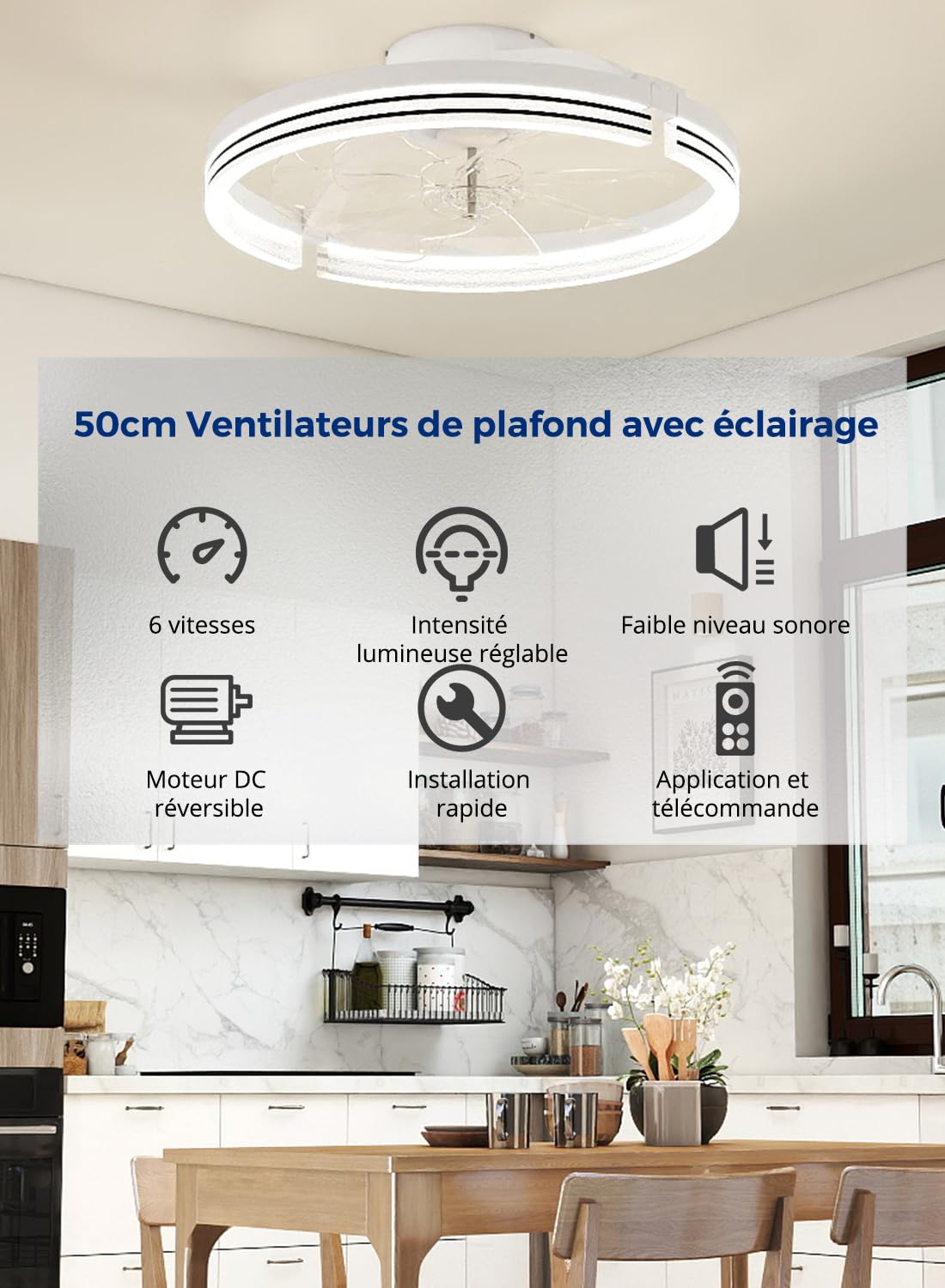 Ventilateur de Plafond 46cm avec Lumière LED, 6 Vitesses Réglables, Mode Réversible Avant/Arrière Dimmable 3000-6500K, Télécommande et Contrôle APP, Plafonnier LED Moderne pour Salon et Chambre, Blanc