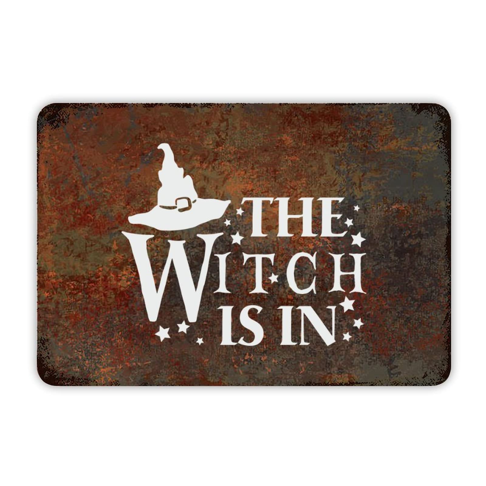 ENEDNATE Halloween Metal Sign,Farmhouse Man Cave Metal Sign The Witch is in Retro Aluminum Tin Metal Signs for Indoor & Outdoor Yard Office Kitchen Living Room Door Home Décor 8x12 Inch
