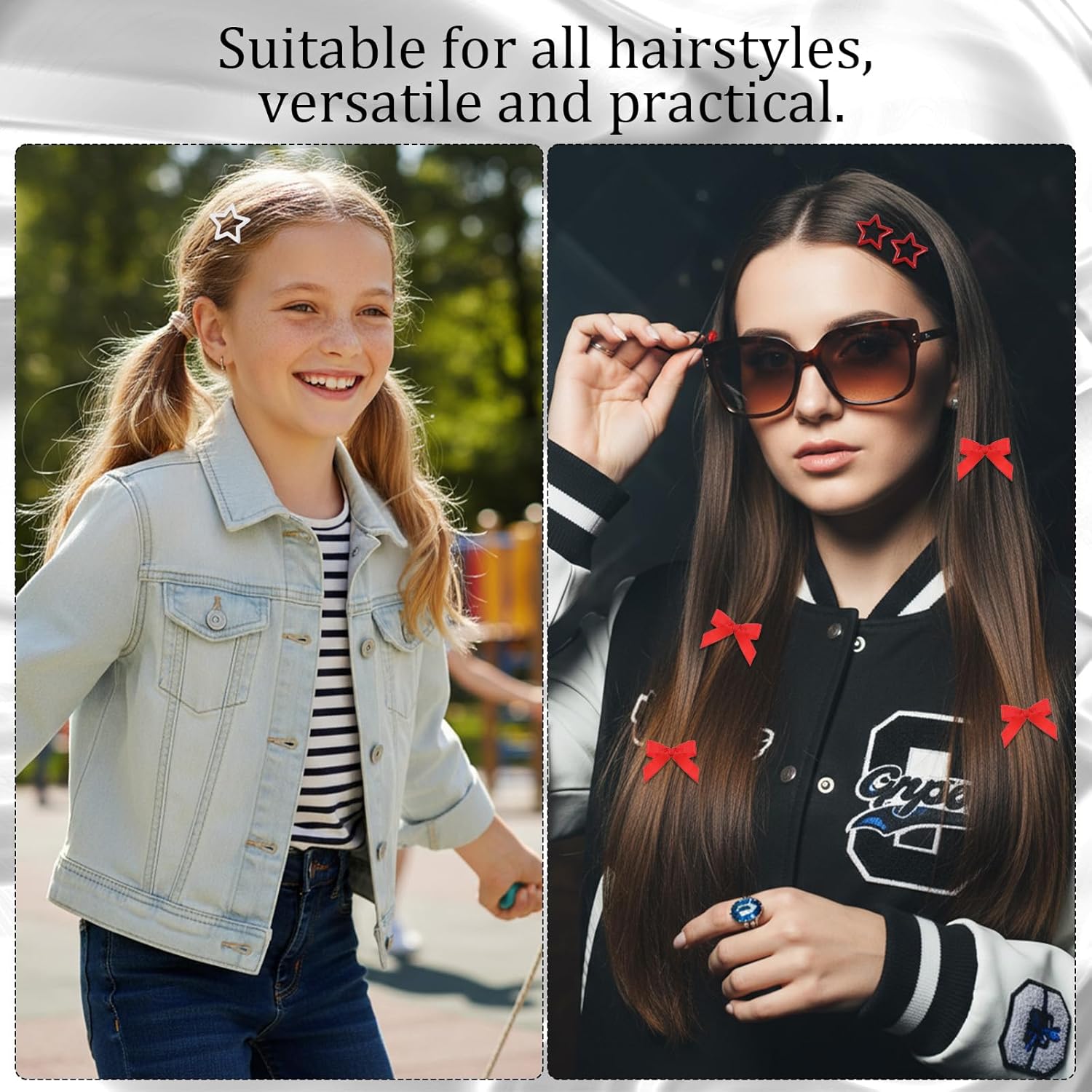 24PCS Hairbows and Star Hair Clips, 3 Colors Cute Mini Silky Satin Ribbon Hair Bows Clip, Y2k Stars Bow Hairs Barrettes Non-slip Metal Snap Hairs Accessoriesfor Women Girls(Red/Black/White) - Image 4