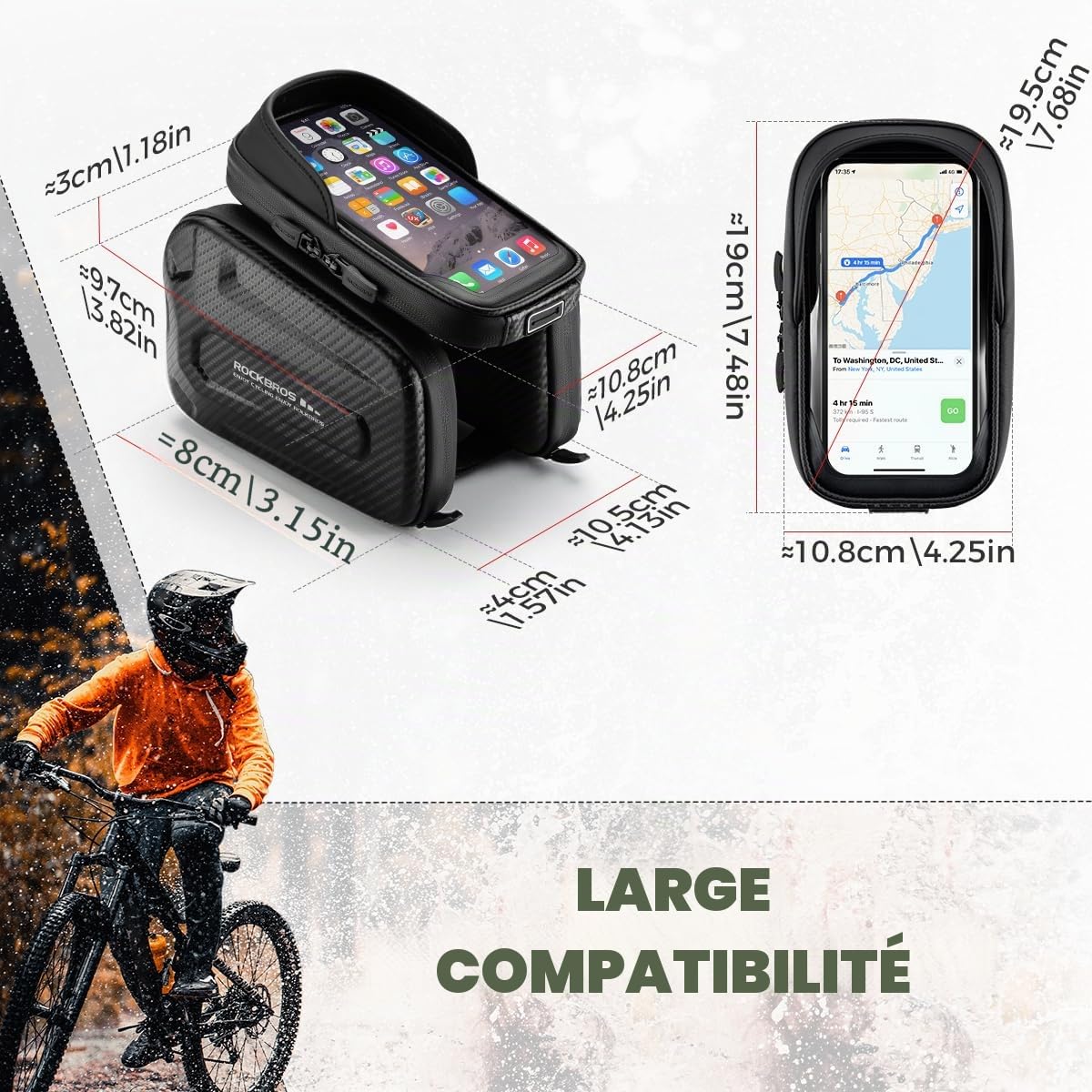 ROCKBROS Sacoche Cadre Vélo avec Support Pare-Soleil Support Téléphone Vélo Amovible Écran Tactile Sensible Sacoche Tube Supérieur pour Cyclisme VTT Smartphone 1,3 L