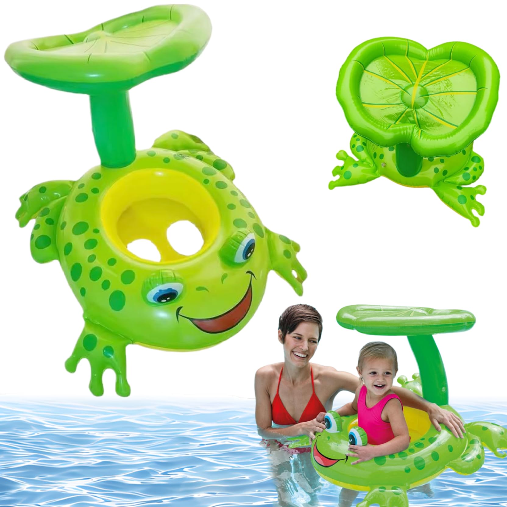 Baby Pool Float, Large Buoyancy Inflatable Pvc Infant Pool Float with Canopy, Frog Toddler Floaties for Kids Age 0-3