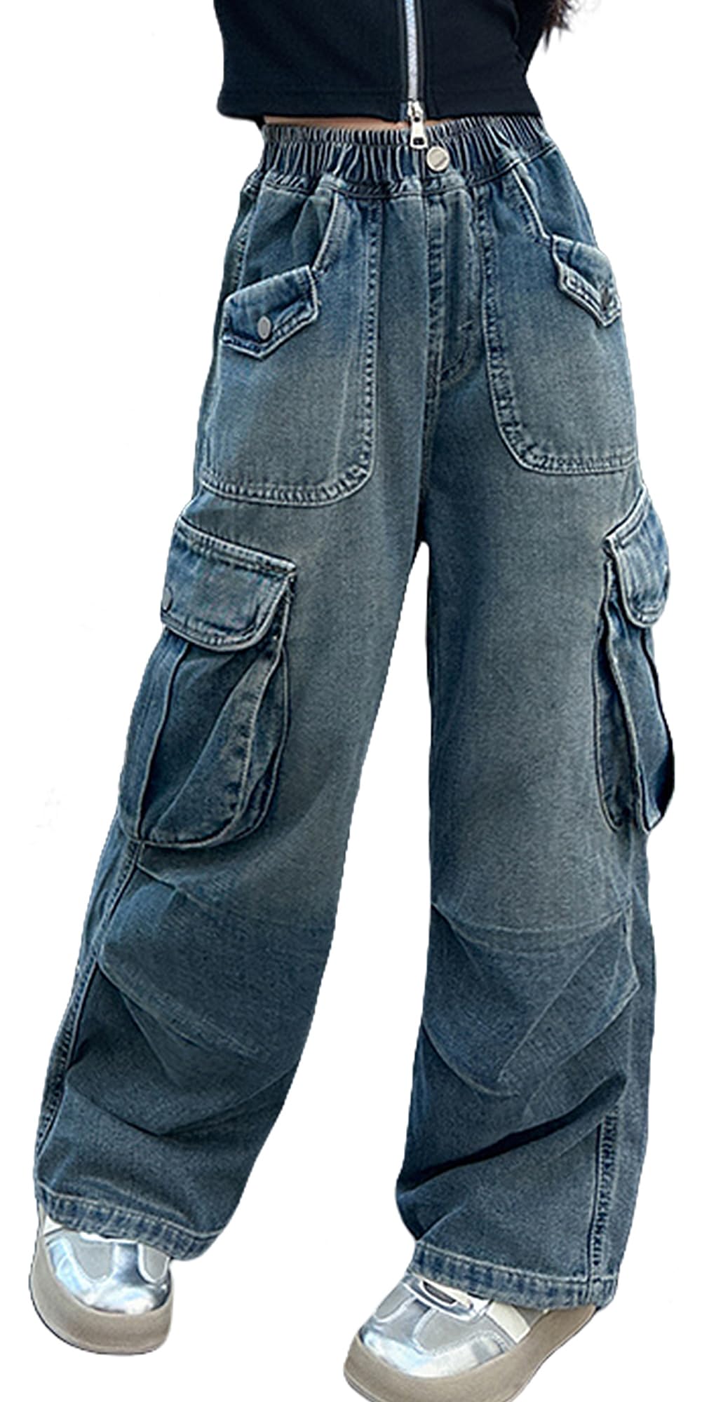 SEAUR Girls Jeans Baggy Denim Cargo Jogging Pants Pantaloni Larghi da Paracadutista per Bambini con Tasche Hip Hop