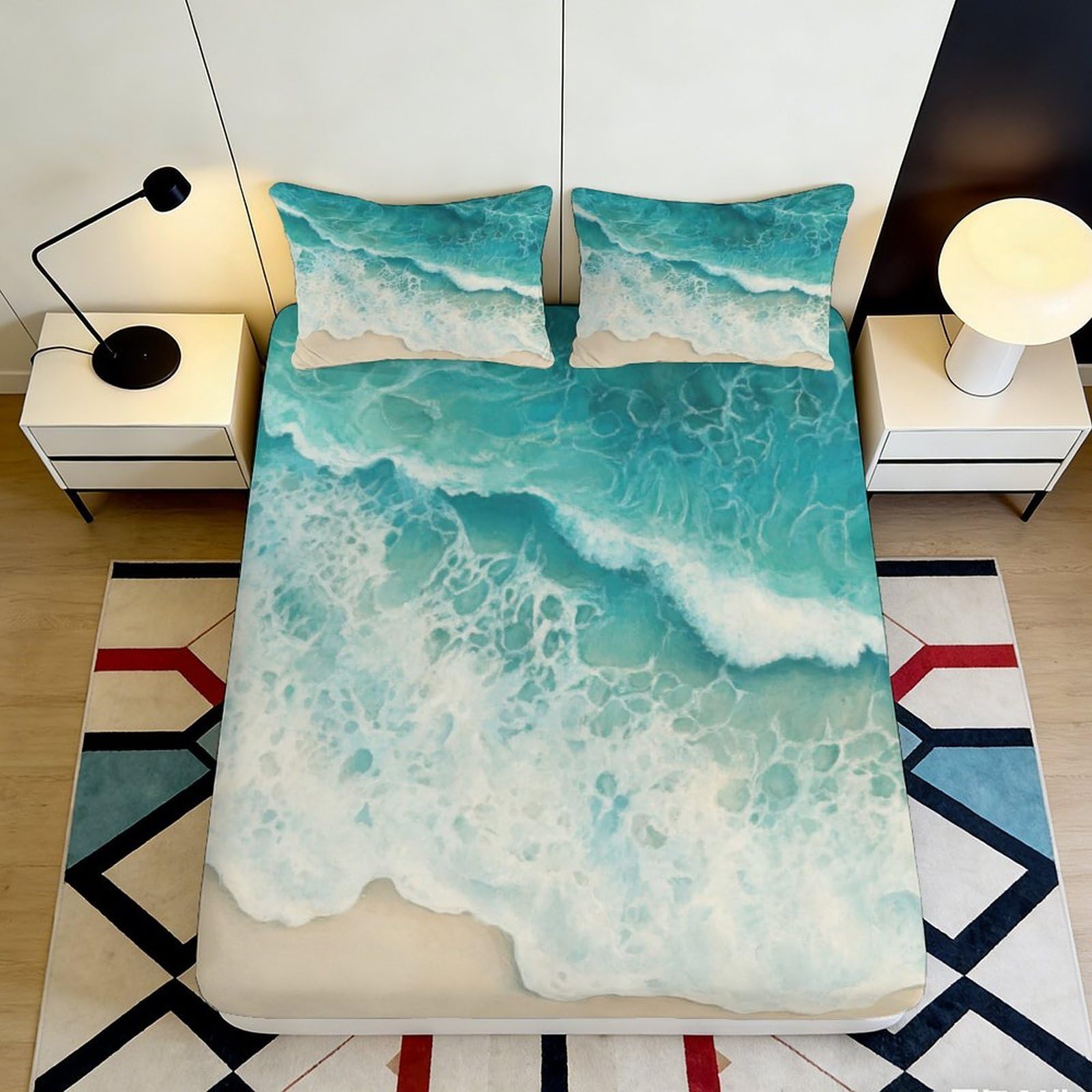 3D Printed Ocean Wave Fitted Sheet Microfiber Soft Breathable Beach Shore Mattress Cover for Bedroom Dorm Mattress Protection Decor 120x200x25cm
