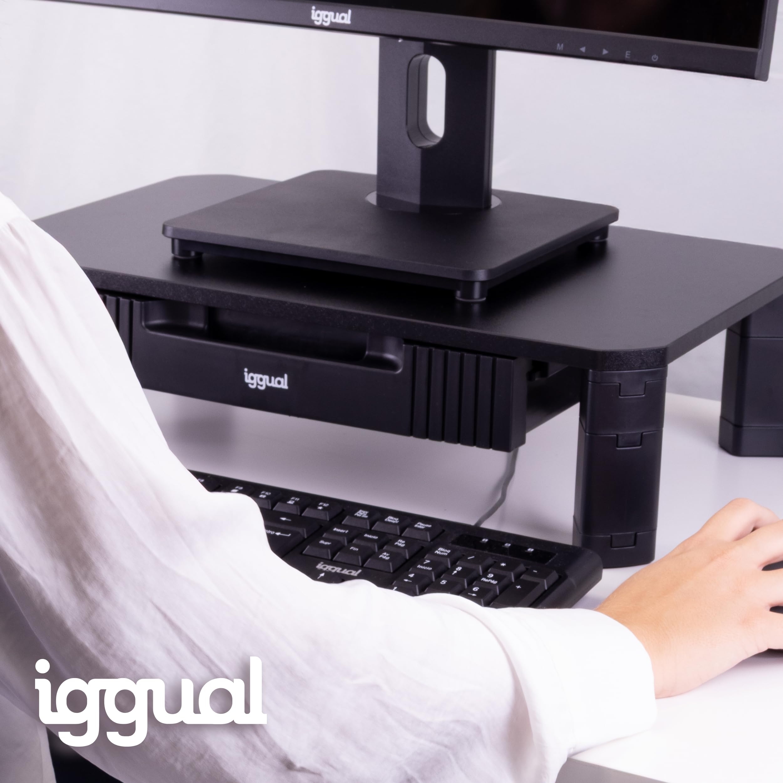 iggual – Elevador de Monitor con Cajón, Soporte Portátil y Ajustable para Escritorio, 2 Alturas (10-13 cm), Superficie 48x30 cm, Antideslizante, hasta 20 kg