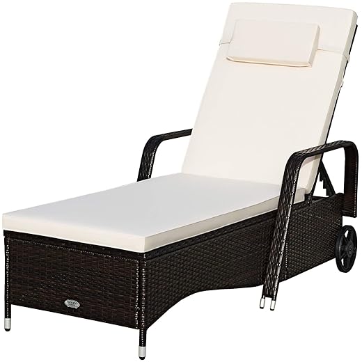 Tangkula Patio Chaise with Wheels, 6 Positions Adjustable Outdoor Lounger Chair with Steel Frame, Mix Brown Weaving Rattan, Cushion and Head Pillow, Suitable for Poolside, Balcony and Garden