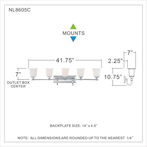 Miniatura 7 de Quoizel Nicholas - Luces de tocador, 42 pulgadas, 5 luces, cromadas pulidas, accesorios de iluminación de baño sobre espejo, 100 W, vidrio