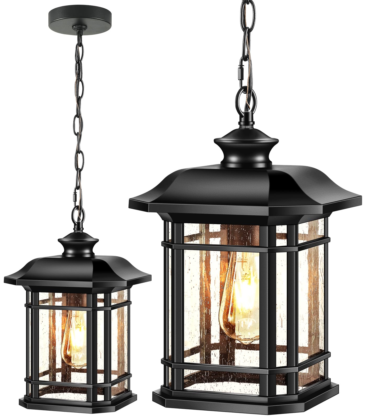 VIANIS Large Outdoor Pendant Light, Black Outdoor Chandelier Lantern, Anti-Rust Outdoor Hanging Lights, Porch Lights Outdoor Ceiling with Tempered Seed Glass for House
