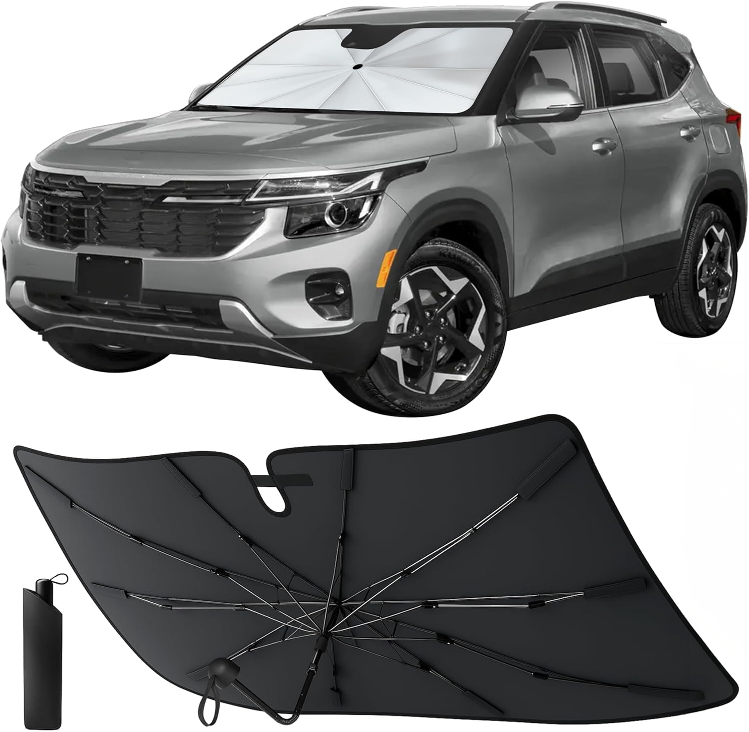 Photo 1 of [2026 Upgraded] Econour Premium Windshield Umbrella Sun Shade | Foldable Car Window Shade for Front Windshield | Sun Blocker Visor Extender | Heat Protection for Sedans, SUVs, Trucks | Medium 57"x33"