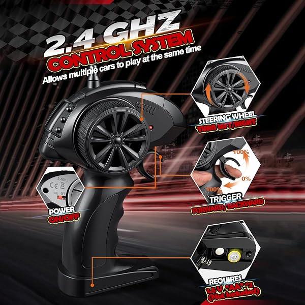 Voiture télécommandée pour enfants de 3 4 5 6 7 ans et plus, 15 km/h avec lumières, 2,4 GHz Voiture RC 2WD pour jouets cadeau garçon fille Noir/rouge - 5
