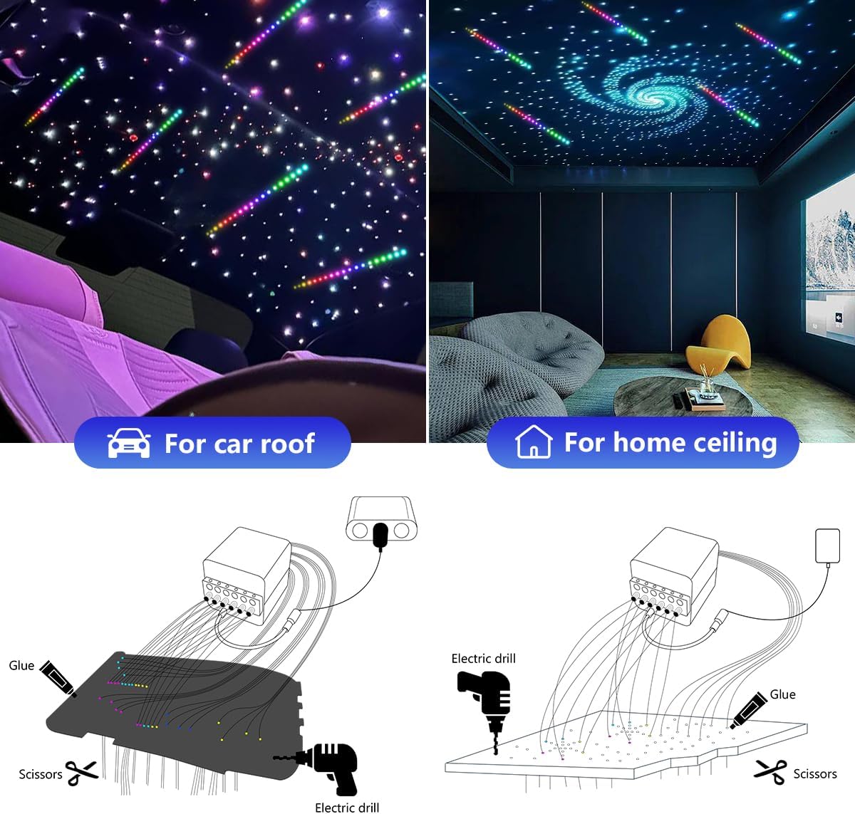 AMKI Updated 4Color Meteor Twinkle 36w Starlight Headliner Kits 1080pcs 0.03in 13.1ft, 240pcs RGB Meteor Shooting Star Cable, 2 in 1 Fiber Optic Light Box RGBW Sound Activated Mode for Car& Home Decor