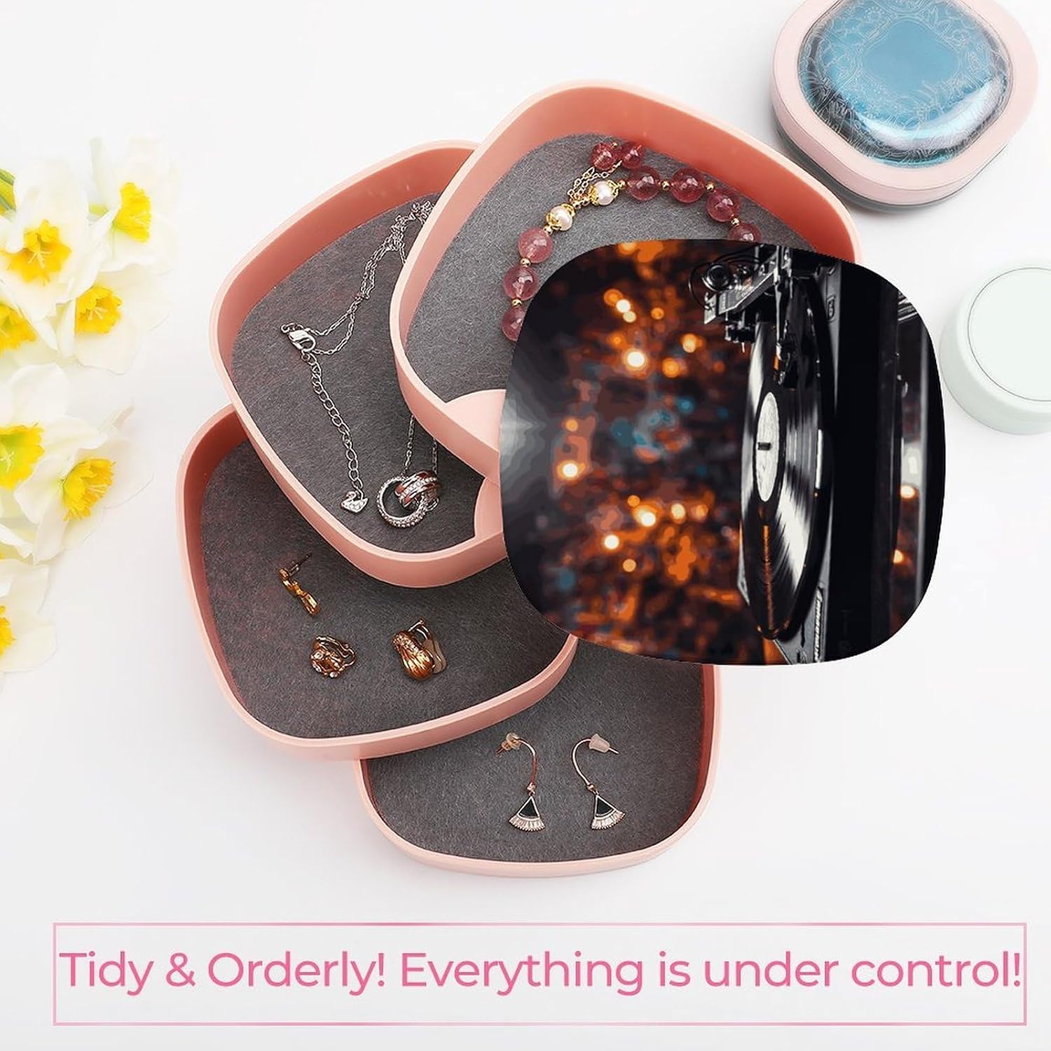 Music Album Frame Jewelry Box 360° Rotating Large Capacity Jewelrys Organize 4-Layer Rotating Travel Jewelry Tray Case with Lid Personalized Women Jewelrys Storage Case image 5