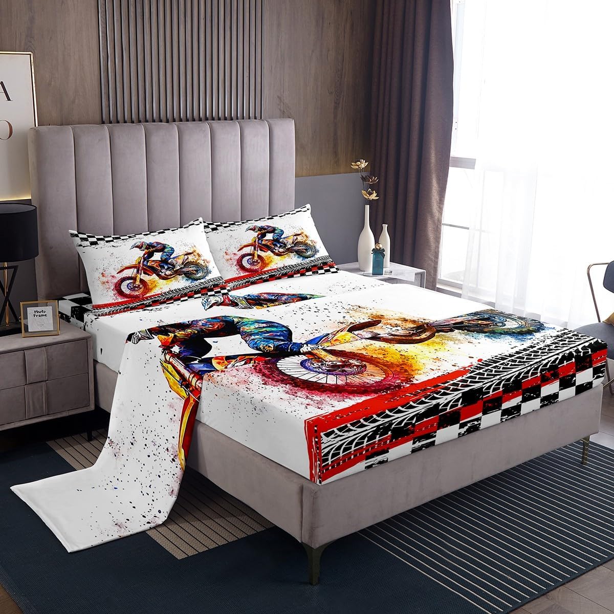 Feelyou Dirt Bike Bed Sheets Set for Kids Boys Girls Queen Size Motocross Rider Sheet Set Ultra Soft Motorcycle Sheets with Deep Pocket Fitted Sheet Tire Mark Prints Room Decor Motorbike