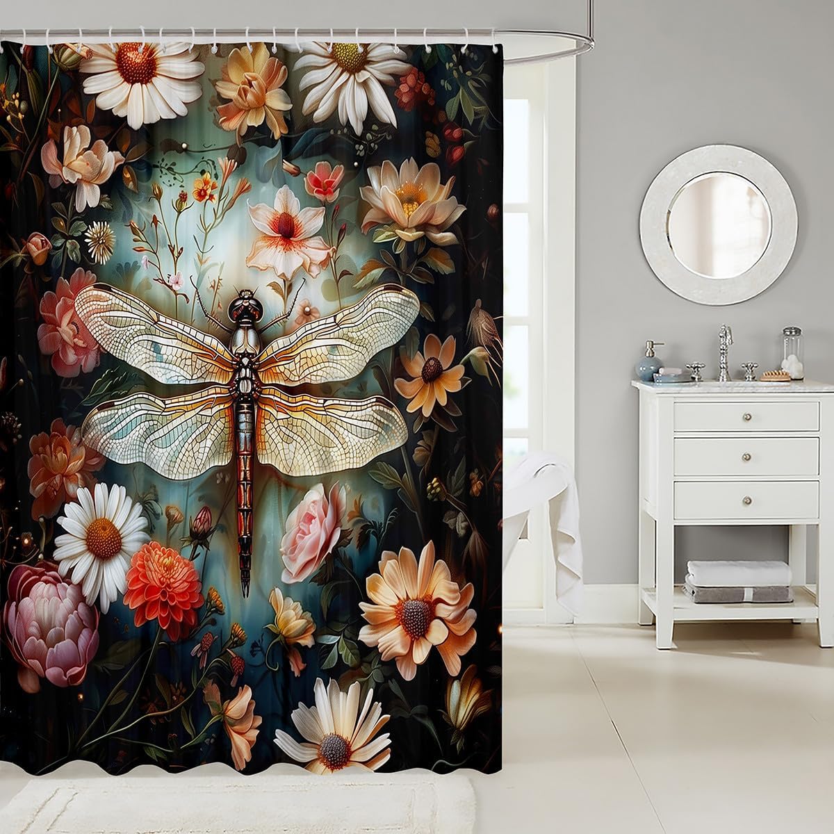 Manfei Dragonfly Shower Curtain,Nature Garden Flying Animal Retro Bath Curtain,Daisy Flowers Rustic Blooming Flowers Home Bathroom Decor Polyester Fabric Waterproof 72 x 84 Inches
