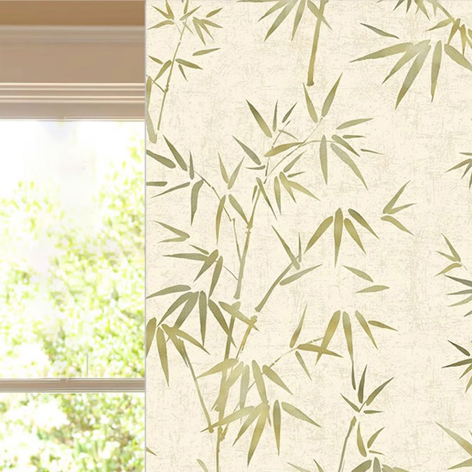 Eiauiuo Window Frosted Glass Film – Opaque Privacy Film For Living Room, Bedroom, Kitchen – Static Cling, Non-Adhesive, Bamboo Pattern Decorative Window Sticker(Beige,30x100cm)