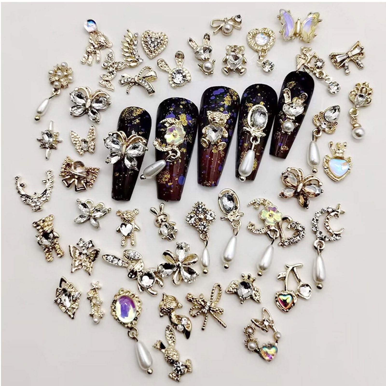 Nail Art Hearts and Bows,50PCS Mixed 3D Gold Pearl Rhinestones Bowknot Luxury Dangle Nail Art Charms (C Mixed Pattern Gold) - Image 4