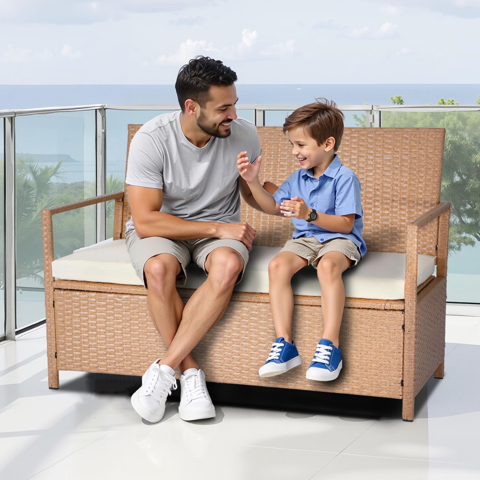 VEVOR Banc de Rangement Extérieur en Rotin Synthétique Coffre de Jardin 265 L, Banc de Terrasse avec Coussin, Capacité de Charge 120,2 kg, Siège d'Extérieur pour Patio, Jardin, Balcon, Cour, Porche