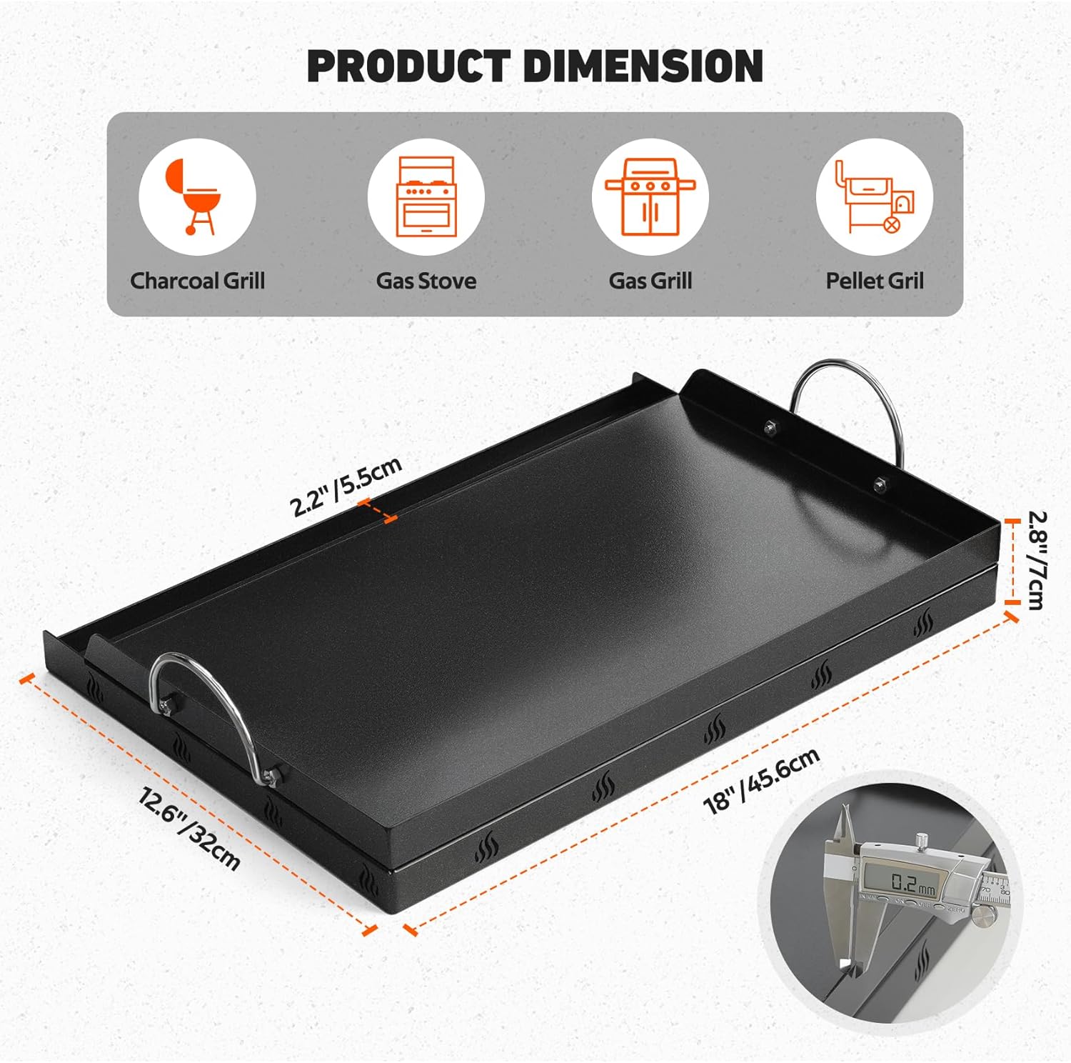 onlyfire universal bbq griddle with handles for most grills, ceramic coated non-stick flat top griddle for outdoor cooking, 18"l x 12.6"w x 2.8"h " 18" x 12.6" x 2.8"