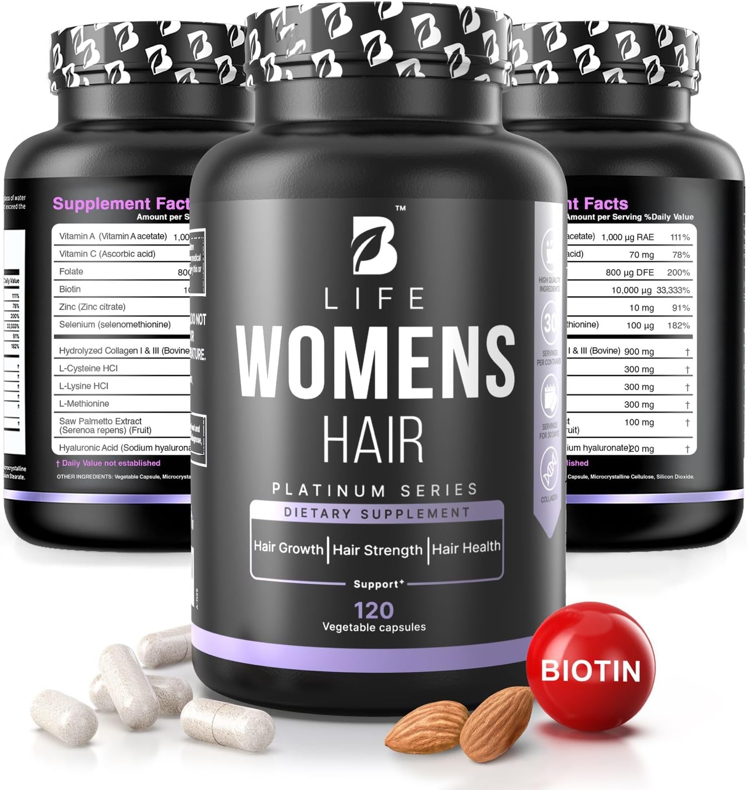 Hair Vitamins for Hair Loss for Women – Biotin 10000 mcg – Hair Growth Treatments for Women – Healthy Hair Skin and Nails – Collagen Promotes Hair Strength and Health - 120 Capsules – 30 Servings