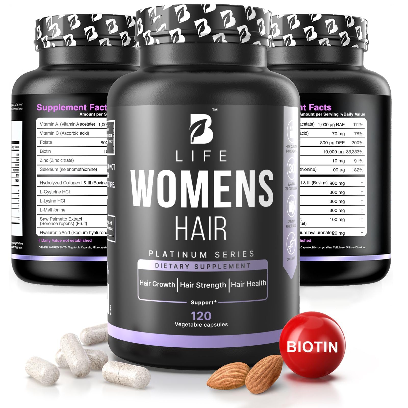 Hair Vitamins for Hair Loss for Women – Biotin 10000 mcg – Hair Growth Treatments for Women – Healthy Hair Skin and Nails – Collagen Promotes Hair Strength and Health - 120 Capsules – 30 Servings