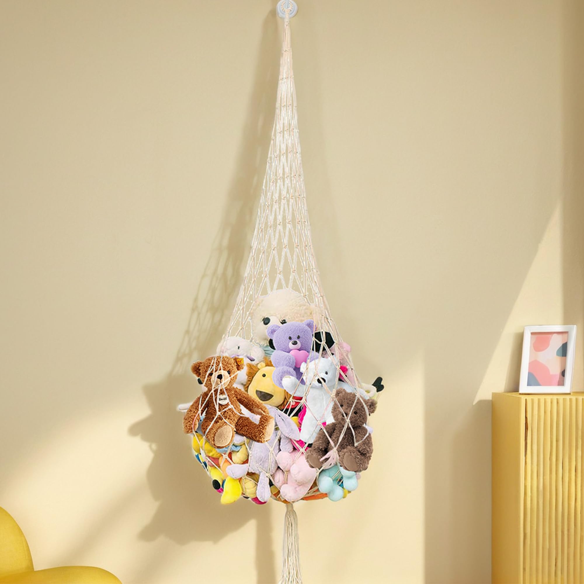Contenitore A Rete Per Peluche 120-125 Cm Con Aste In Legno - Organizer Sospeso Per Giochi E Coperte, Beige - 2