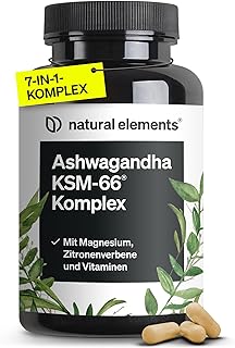 natural elements Ashwagandha Komplex – 600mg pro Tagesdosis – 120 Kapseln – mit KSM-66, Zitronenverbene, Magnesium, Folsäure und Vitamin C, B6 und B12 – hochdosiert & vegan – laborgeprüft
