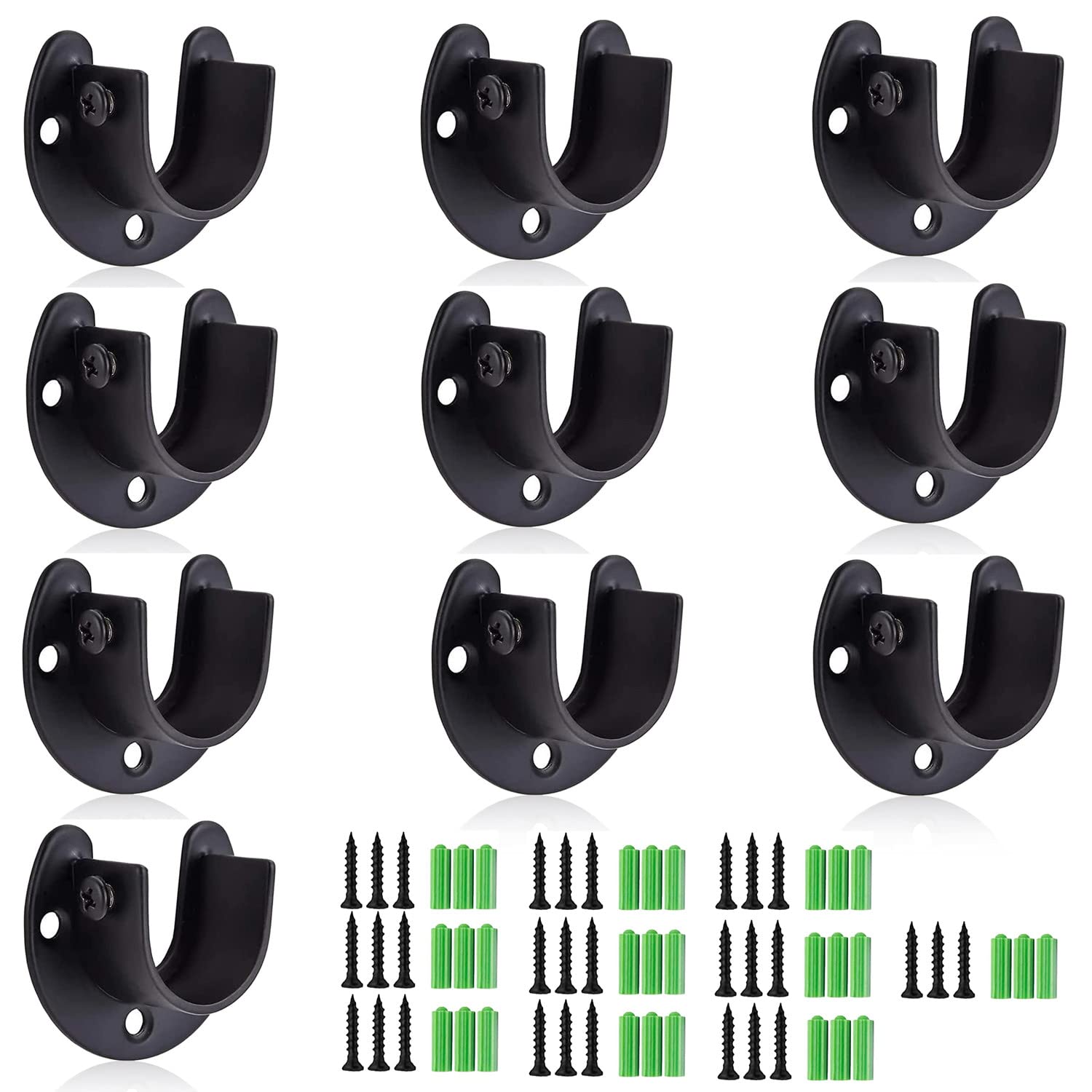 RHBLME 10PCS Stainless Steel Closet Rod Brackets Black, 1-1/4 Inch Diameter U-Shaped Closet Rod Holders, Heavy Duty Closet Rod End Supports Closet Pole Sockets Flange Rod Holder Set with Screws