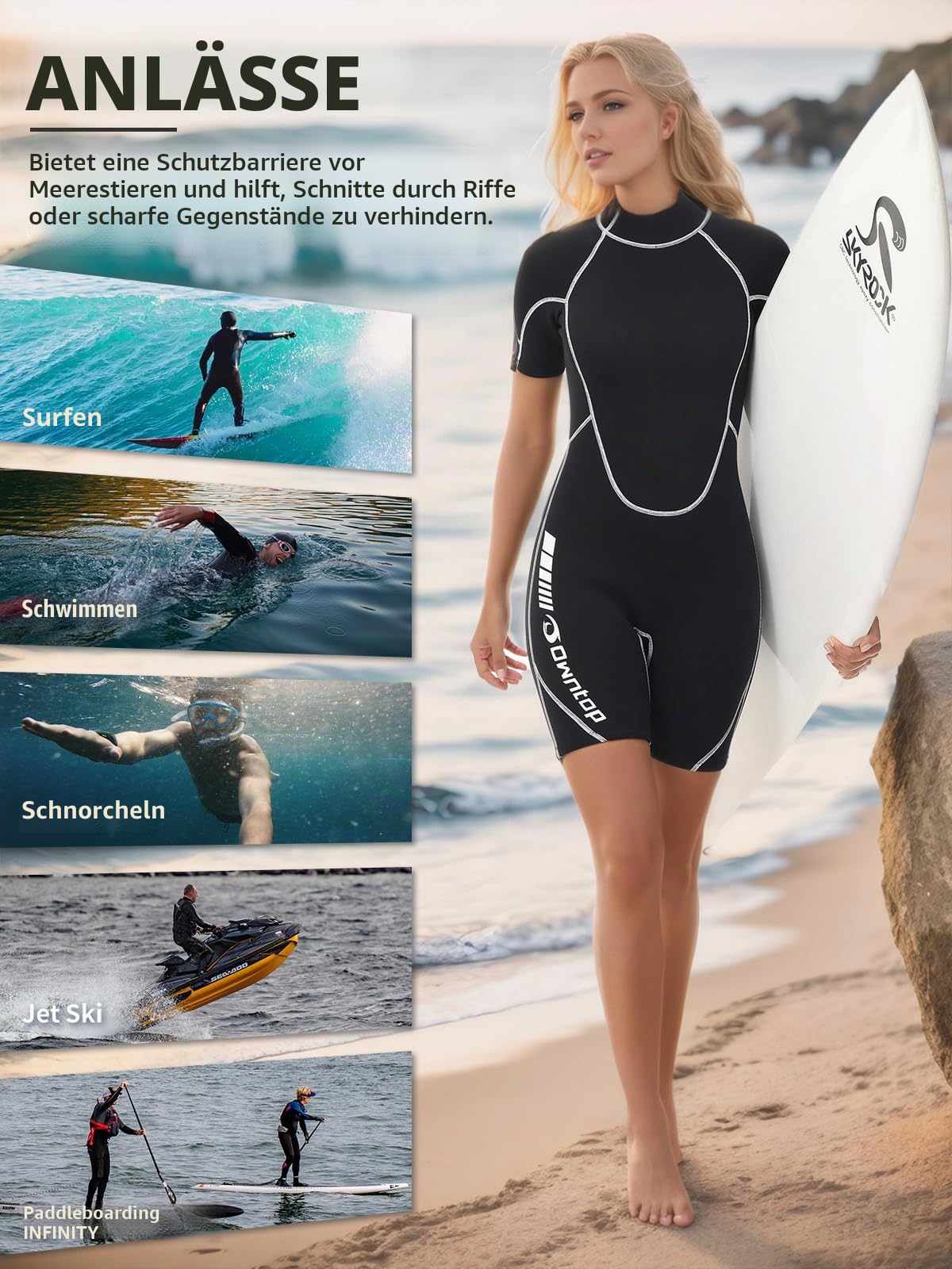 Owntop 3/2mm Shorty Neoprenanzug Damen - Rückenreißverschluss Wetsuit zum Tauchen Surfen, Kurzarm Tauchanzüge Stretch Neopren für Wassersport, Damen Schwarz L