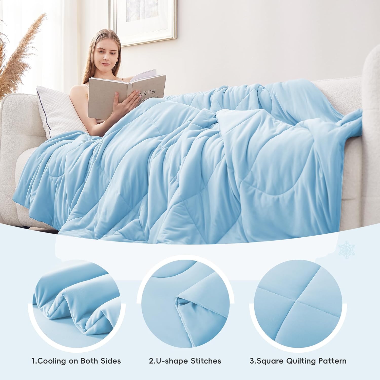 Cooling Comforter Full/Queen Size, All Season Blanket for Hot Sleepers, Lightweight Comforter for Night Sweats, Double-Sided Cooling Bedding for Bed, Sofa, Office, Camping (Blue,90"*90")