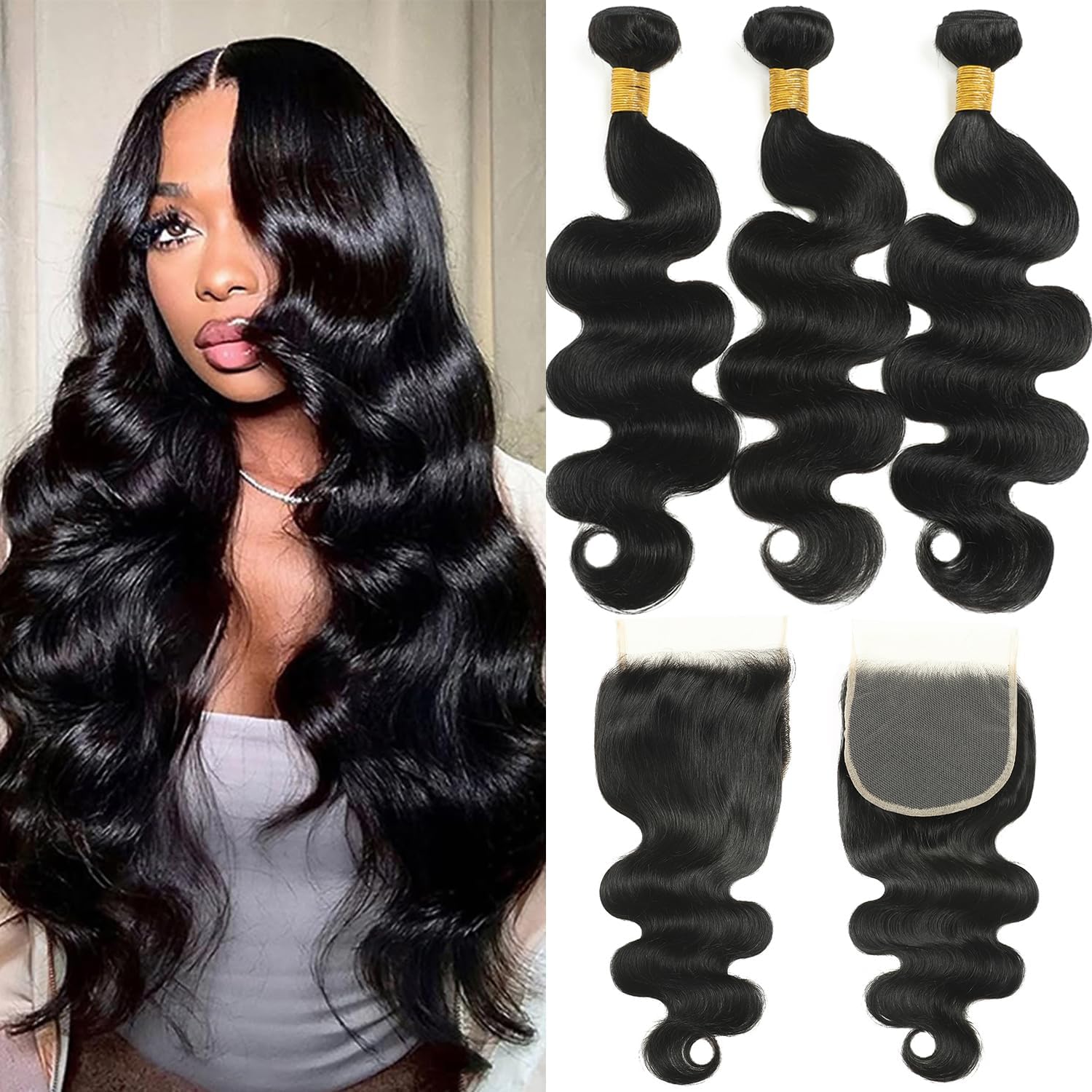 12A Human Hair Bundles with Closure Body Wave 3 Bundles with Closure 100% Unprocessed Brazilian Virgin Human Hair Extensions Free Part Raw Hair Bundles Double Weft (14 16 18 +12IN)