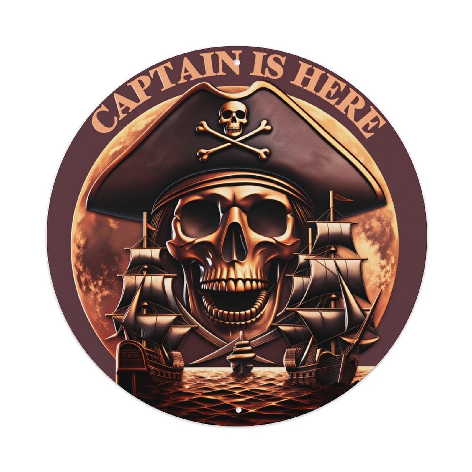 Captain Skull Pirate Ship Moon Background Round Vintage Tin Sign,Retro Wall Art,Metal Poster for Home, Bar, Garage, Cafe, Rustic Indoor & Outdoor Decor, 8x8 Inches