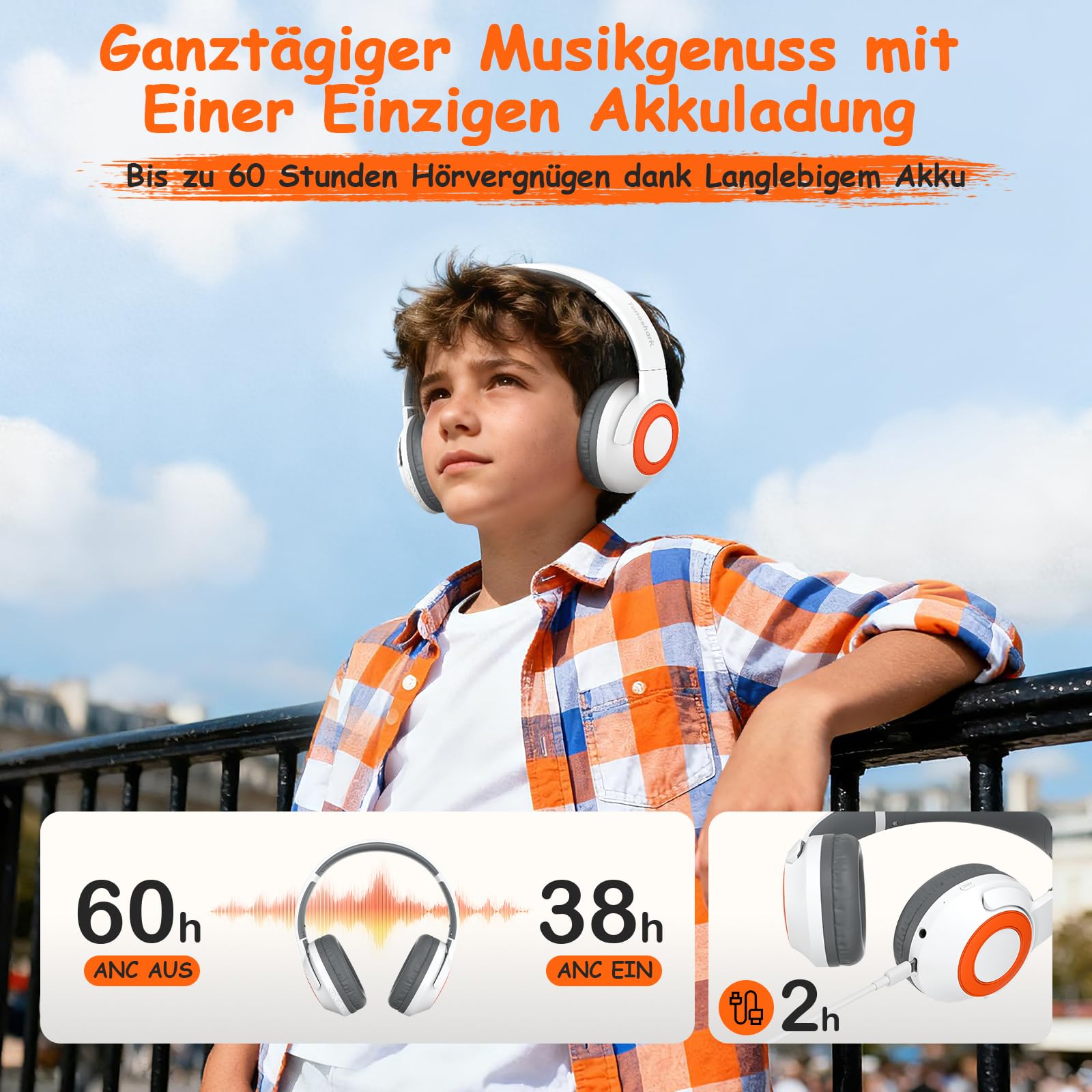 TONOSHARK Kopfhörer Kinder Bluetooth | Noise Cancelling Kopfhoerer Kinder | 60h Spielzeit, Leicht über Ohr Kinderkopfhörer Bluetooth Mit Mikrofon (Weiß) - Für Schule/Reisen | Inkl. Tragetasche (Weiß)