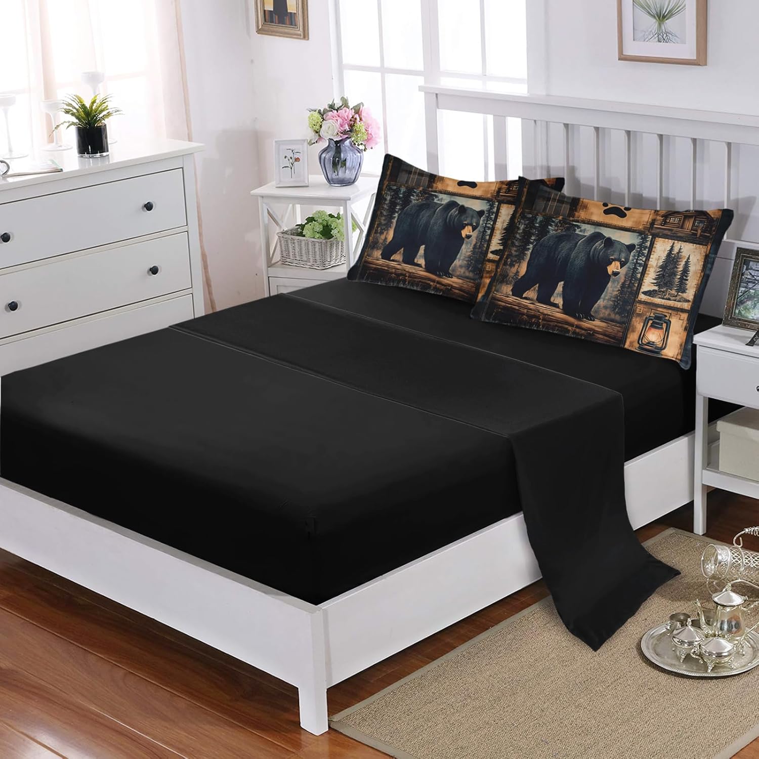 AILONEN Black Rustic Bear Comforter Set Queen Size,7-Piece Soft Bed in a Bag,Retro Wildlife Hunting Comforter & Fitted Sheet & Flat Sheet & 2 Pillowcases,2 Pillow Shams for Bedroom