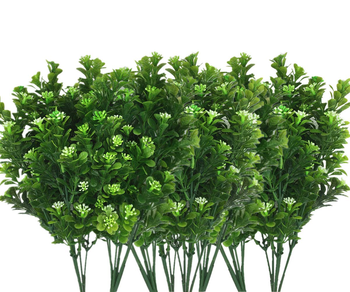CATTREE Artificial Plants, Faux Plastic Bean Flowers Shrubs Fake Grass Leaves Simulation Greenery Bushes Indoor Outside Home Garden Office Yard Verandah Wedding Decor - 8 Pcs