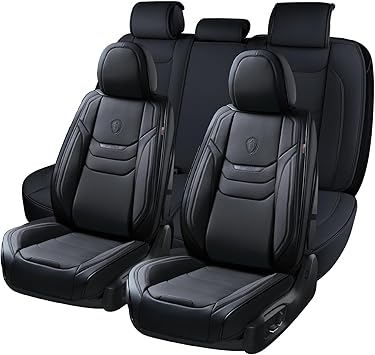 Coverado Leather Seat Covers for Cars, Car Seat Covers Full Set, Breathable Car Seat Protector with Lumbar Support, Black Seat Covers, Front and Back Waterproof Seat Cover Universal Fit for Most Cars