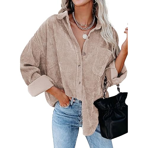 Sidefeel Women Corduroy Long Sleeve Button Down Shirt Oversized Jacket Tops