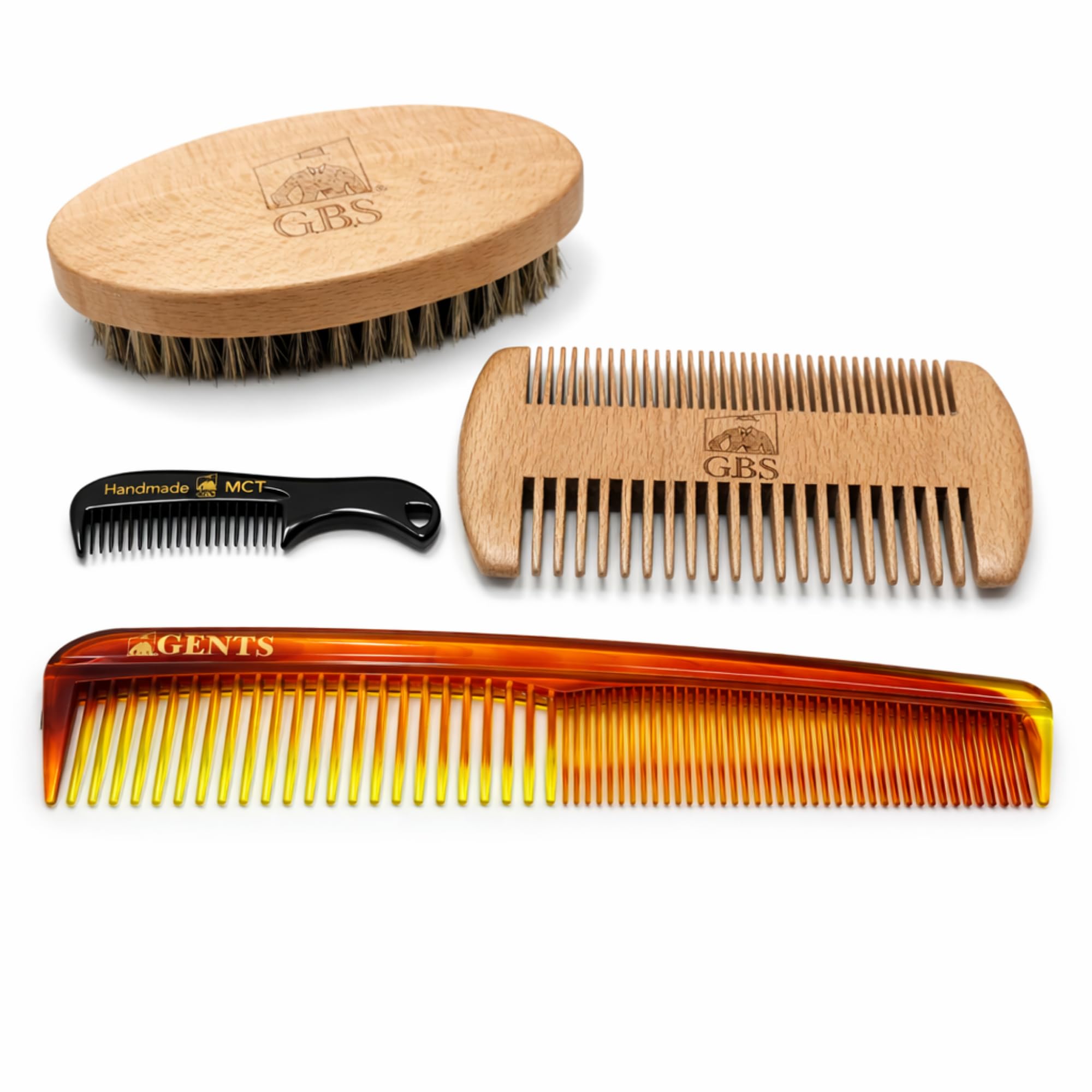 G.B.S Premium Beard Grooming Set - Wooden Handle Boar Bristle Beard Brush, Bamboo Wood & Tortoise Pocket Combs for Men