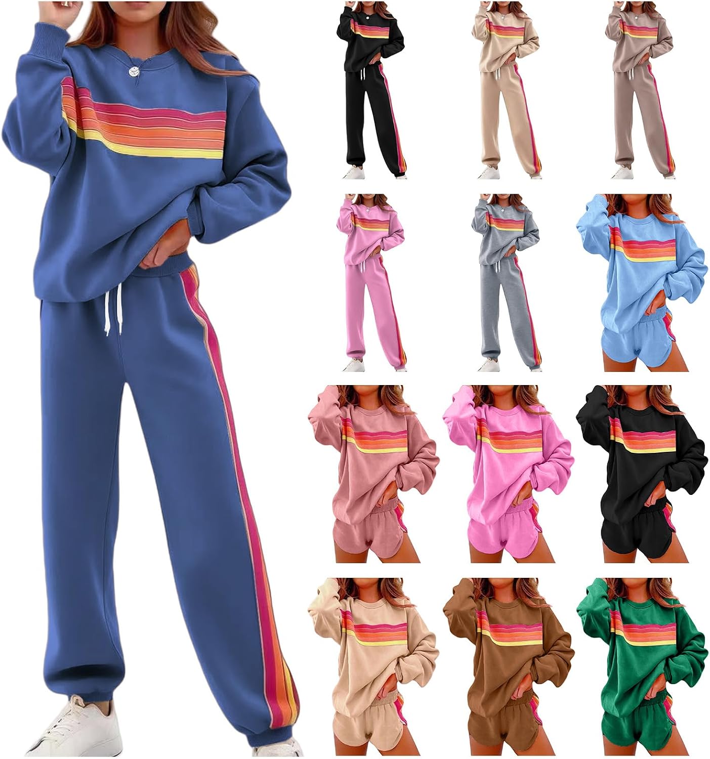 Two Piece Cute Sets for Women Rainbow Striped Sweatshirt Casual Pants Loose Fit Suits Matching Sweatsuits